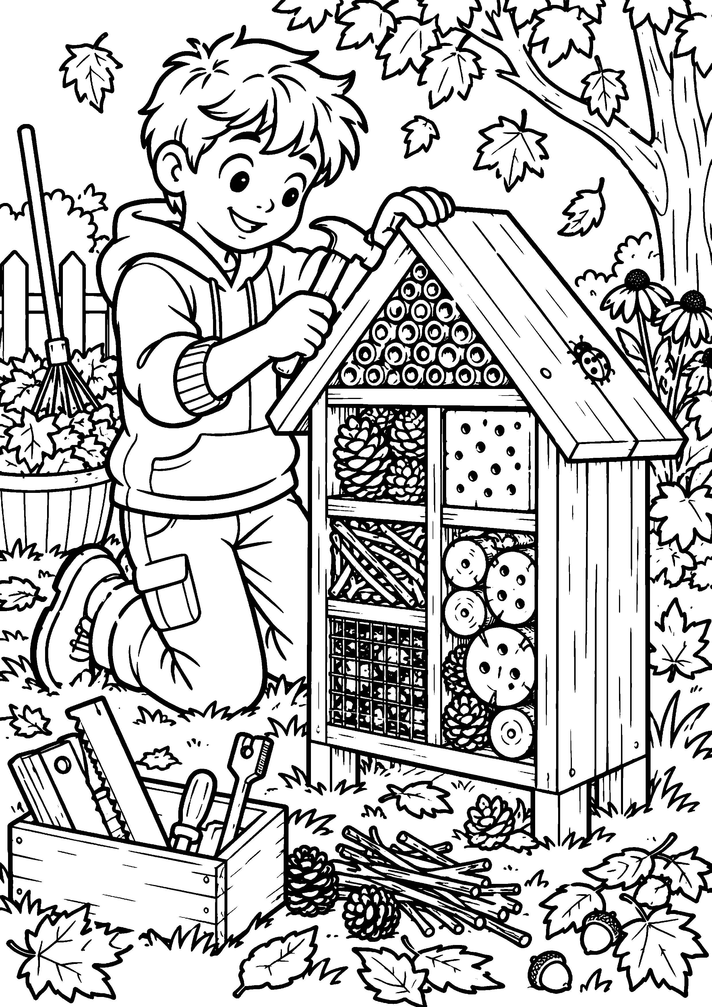 Coloriage en noir et blanc représentant famille installant un hôtel à insectes au jardin, en grand format A4