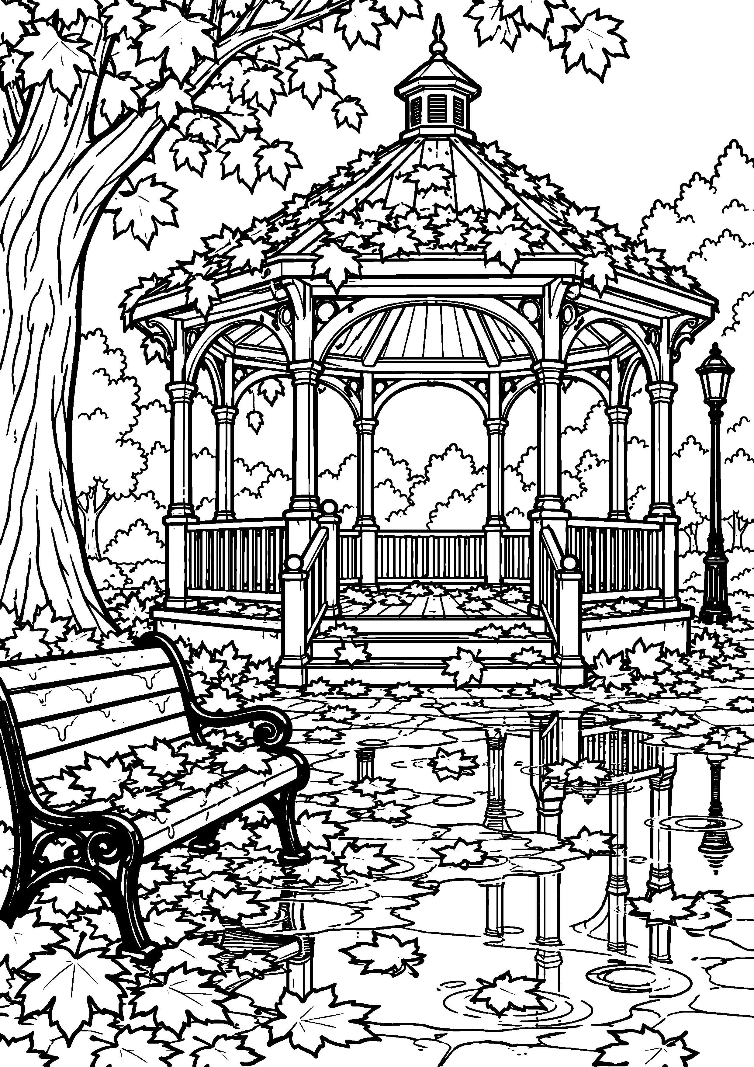 Coloriage en noir et blanc représentant petit kiosque de parc couvert de feuilles après la pluie, en grand format A4