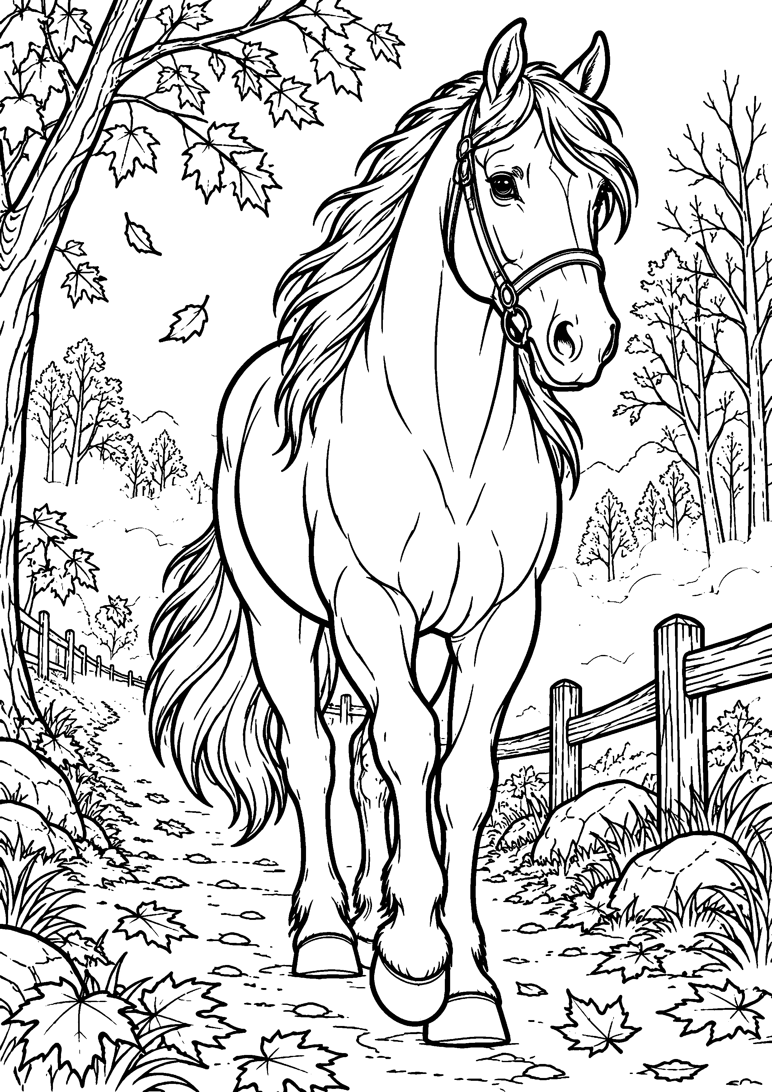 Coloriage en noir et blanc représentant cheval marchant dans un chemin bordé de brume automnale, en grand format A4
