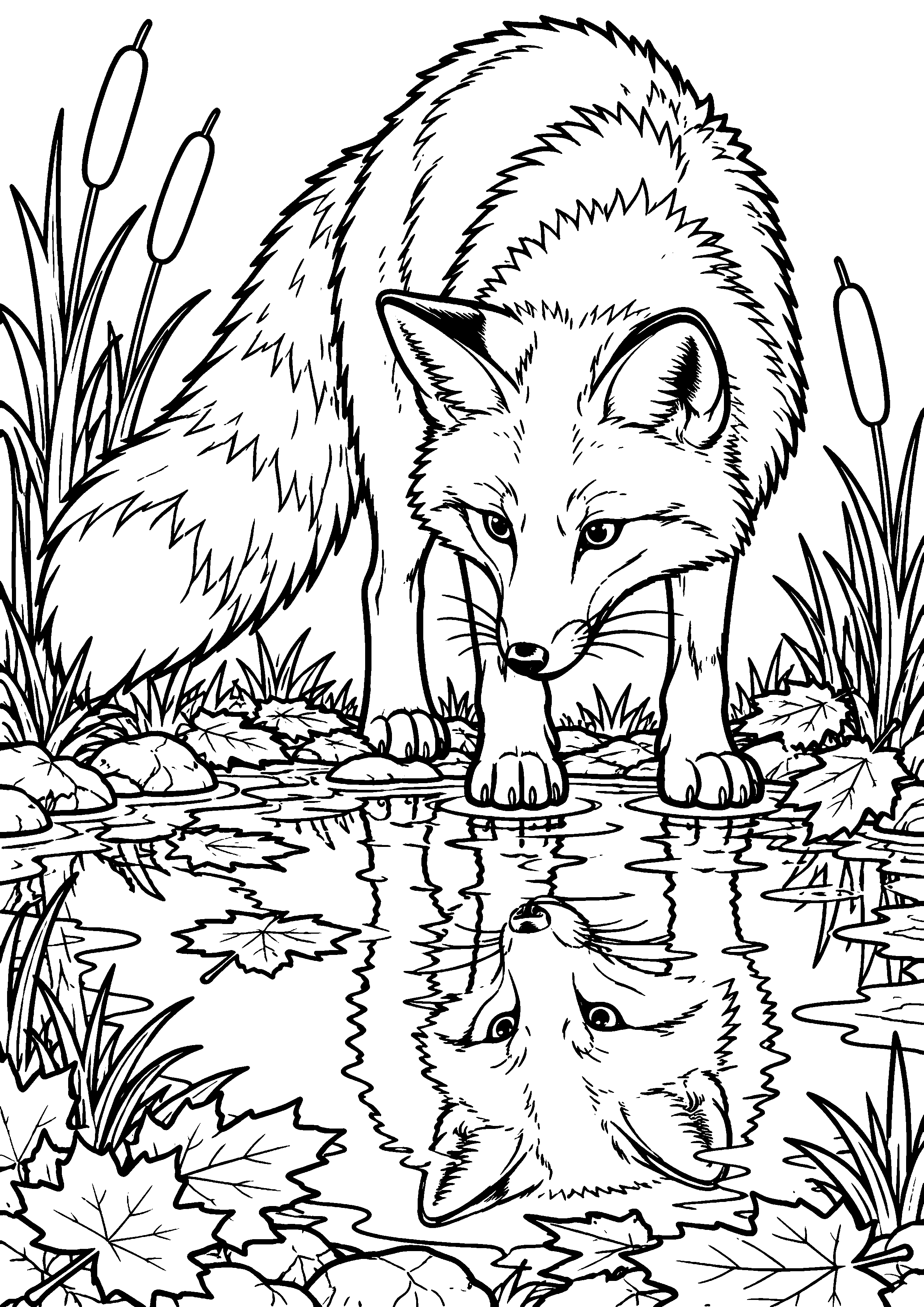 Coloriage en noir et blanc représentant renard observant son reflet dans une flaque entourée de roseaux, en grand format A4