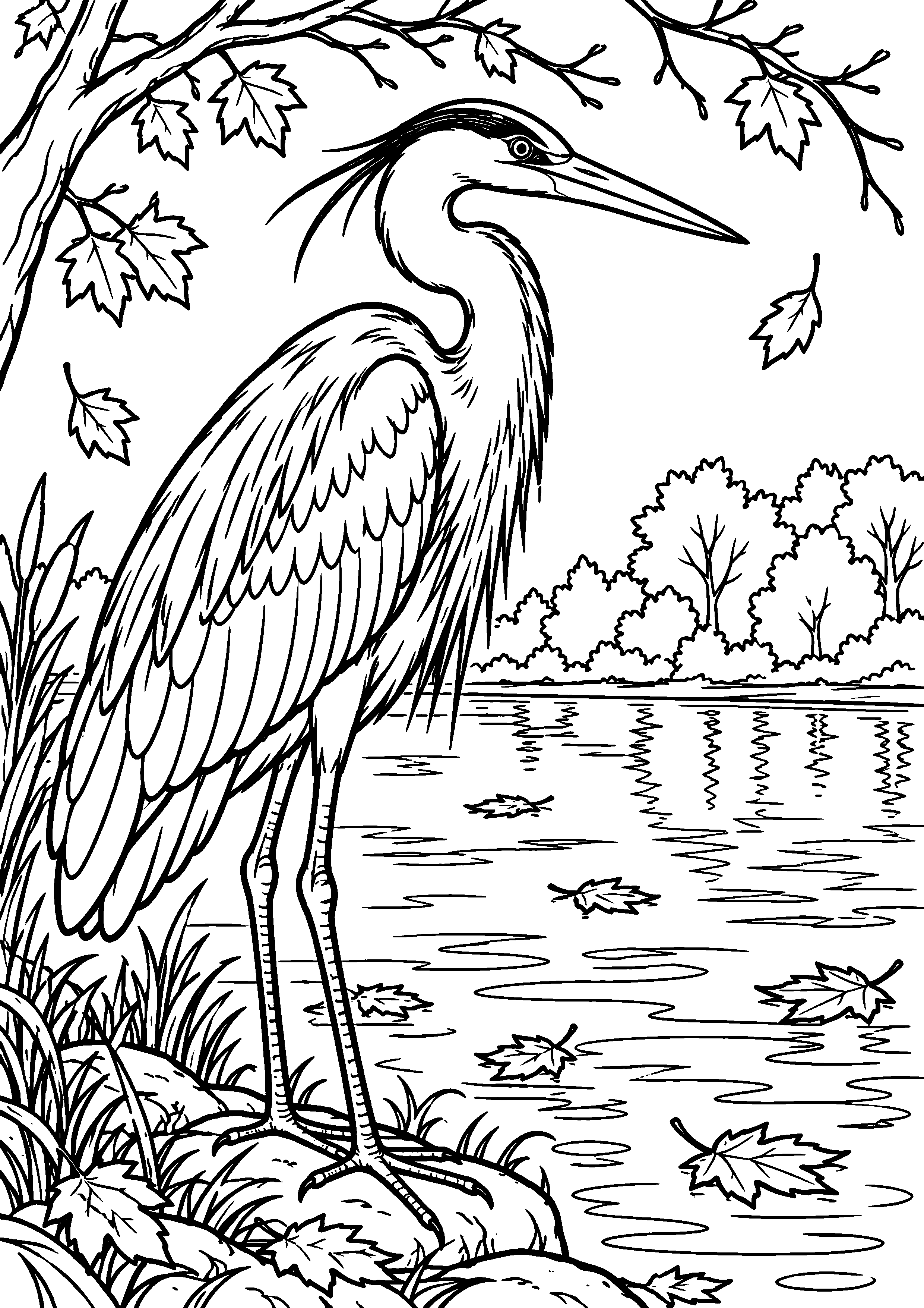 Coloriage en noir et blanc représentant héron au bord d'un étang sous des branches clairsemées, en grand format A4