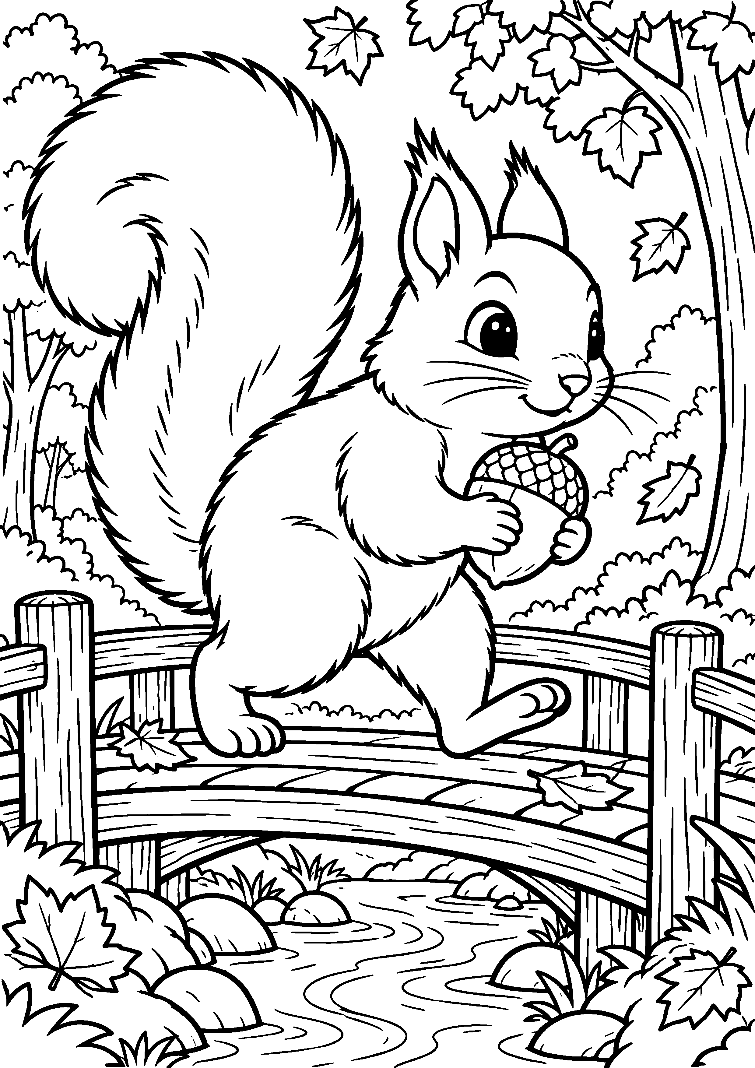 Coloriage en noir et blanc représentant écureuil traversant un petit pont avec une noix, en grand format A4
