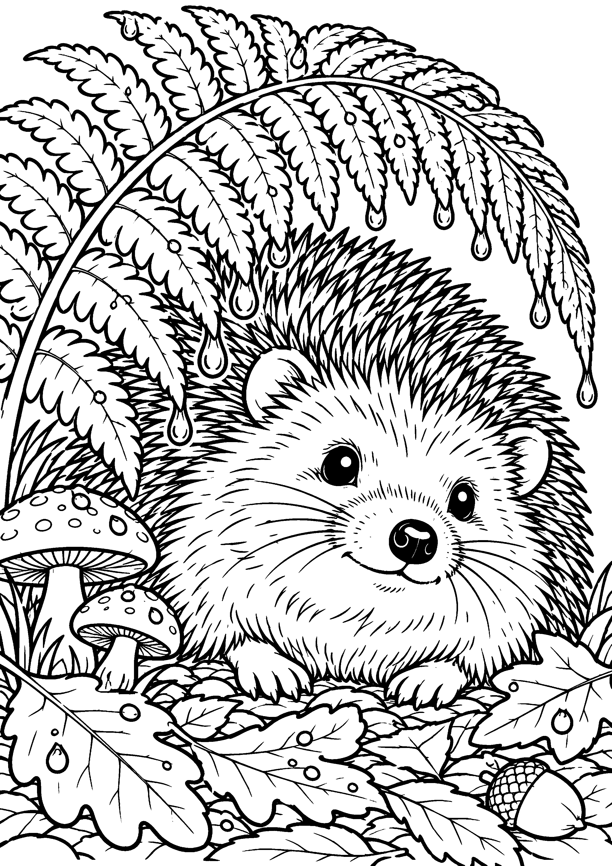Coloriage en noir et blanc représentant hérisson abrité sous une grande fougère humide, en grand format A4