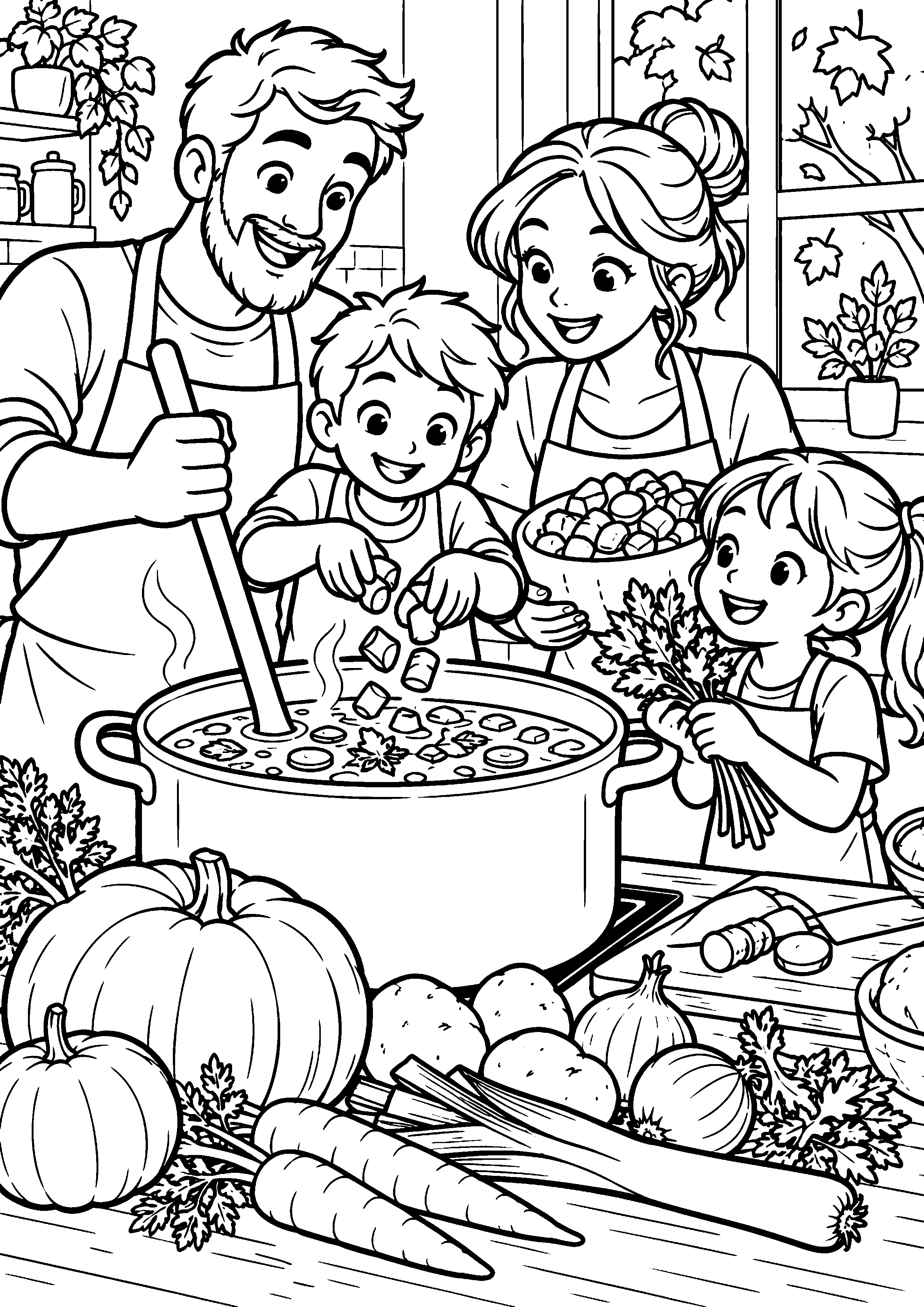 Coloriage en noir et blanc représentant famille préparant une soupe de légumes de saison, en grand format A4