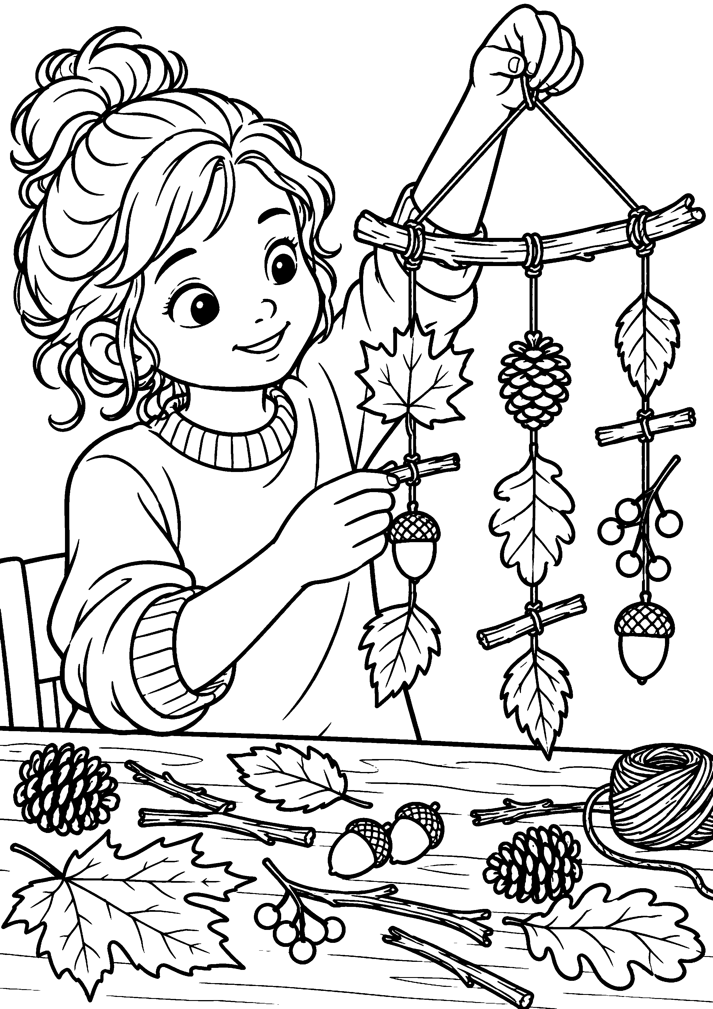 Coloriage en noir et blanc représentant enfant fabriquant un mobile naturel avec feuilles et brindilles, en grand format A4