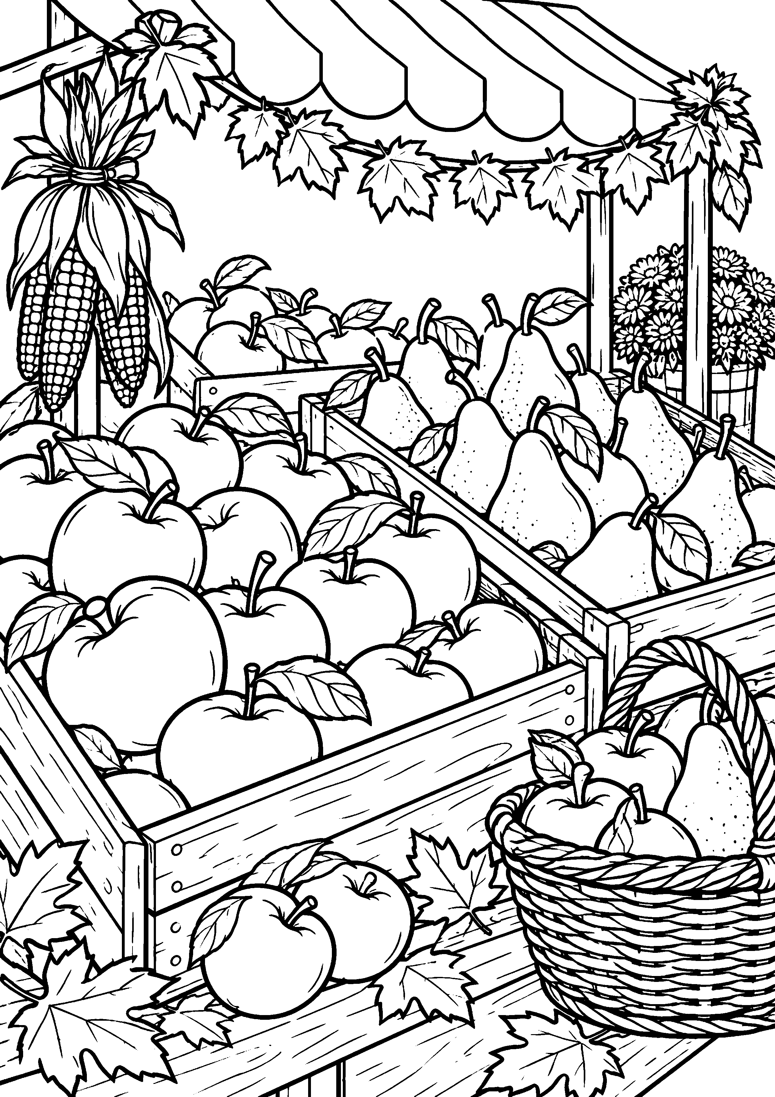 Coloriage en noir et blanc représentant marché d'automne avec caisses de pommes et poires, en grand format A4