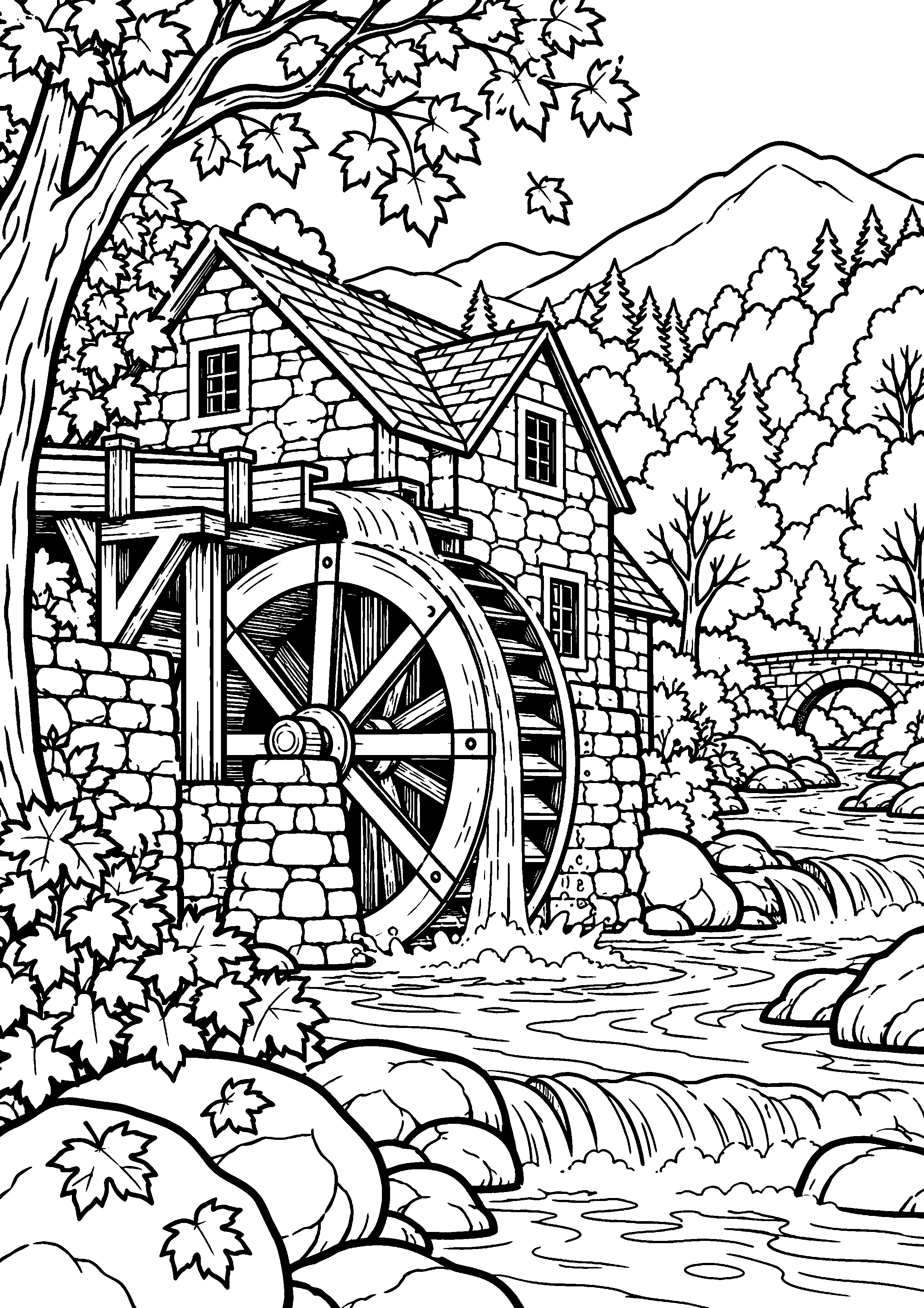Coloriage en noir et blanc représentant moulin à eau au milieu d'une vallée automnale, en grand format A4