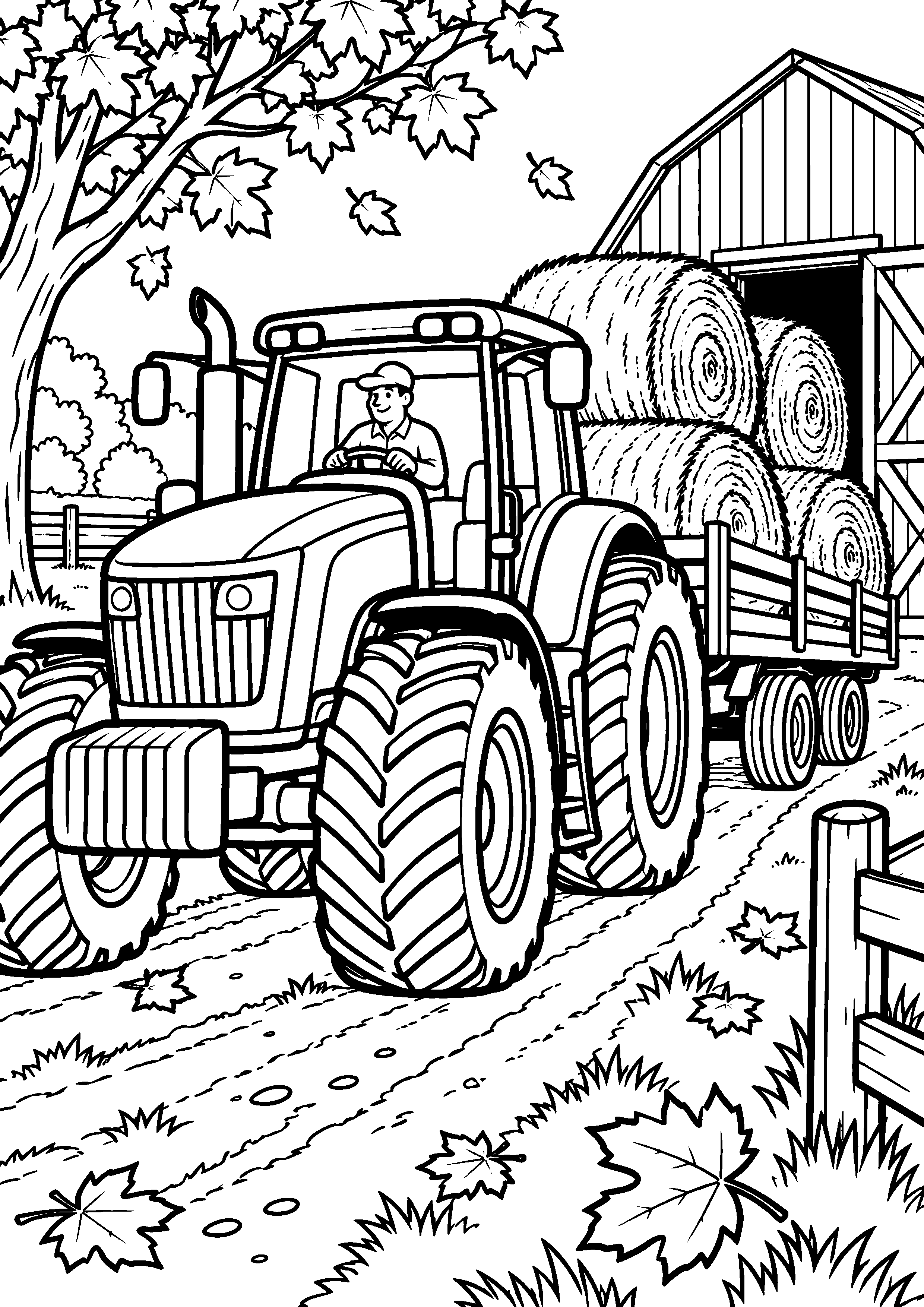 Coloriage en noir et blanc représentant tracteur ramenant des bottes de foin à la grange, en grand format A4