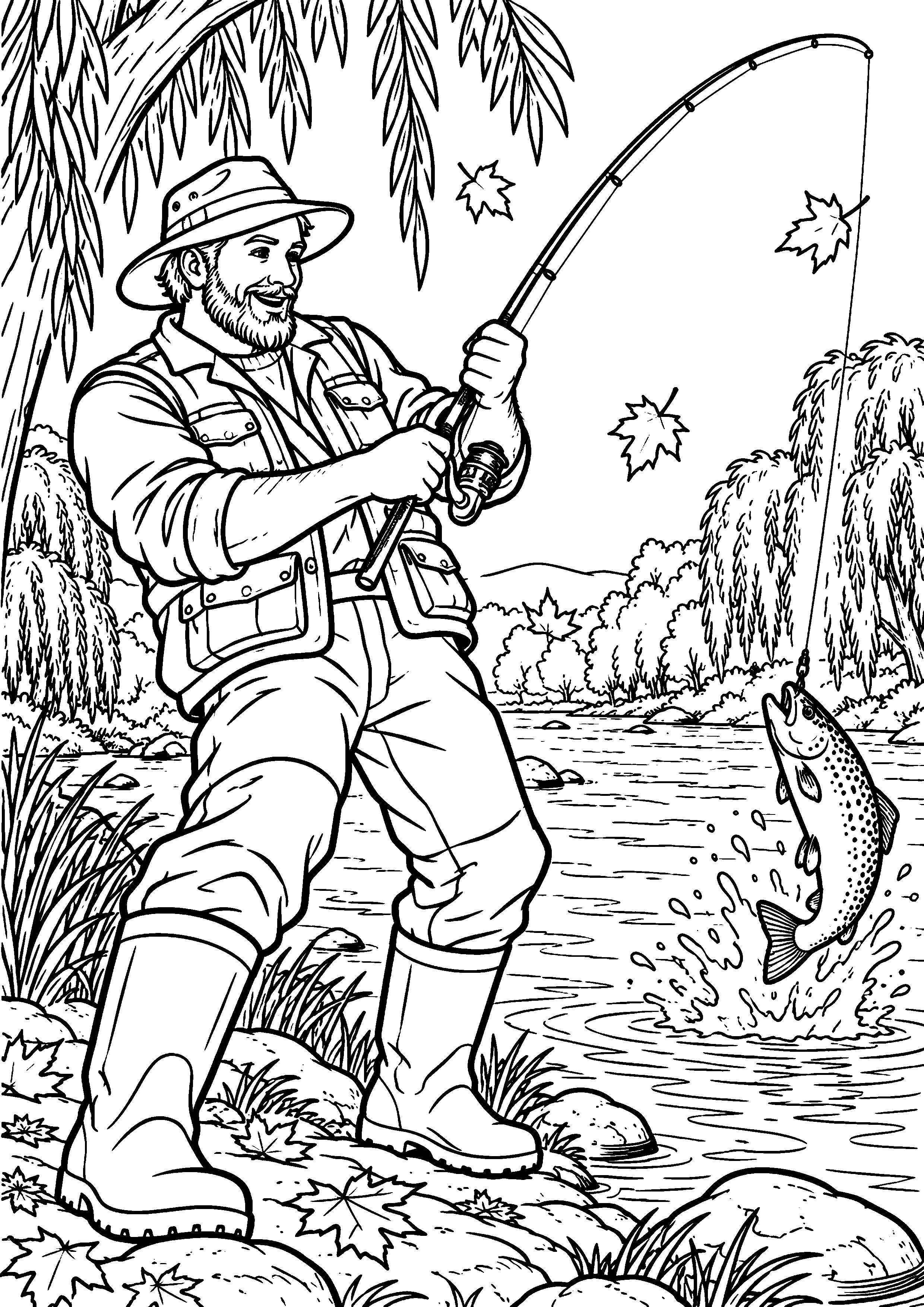 Coloriage en noir et blanc représentant pêcheur en bottes au bord d'une rivière bordée de saules, en grand format A4