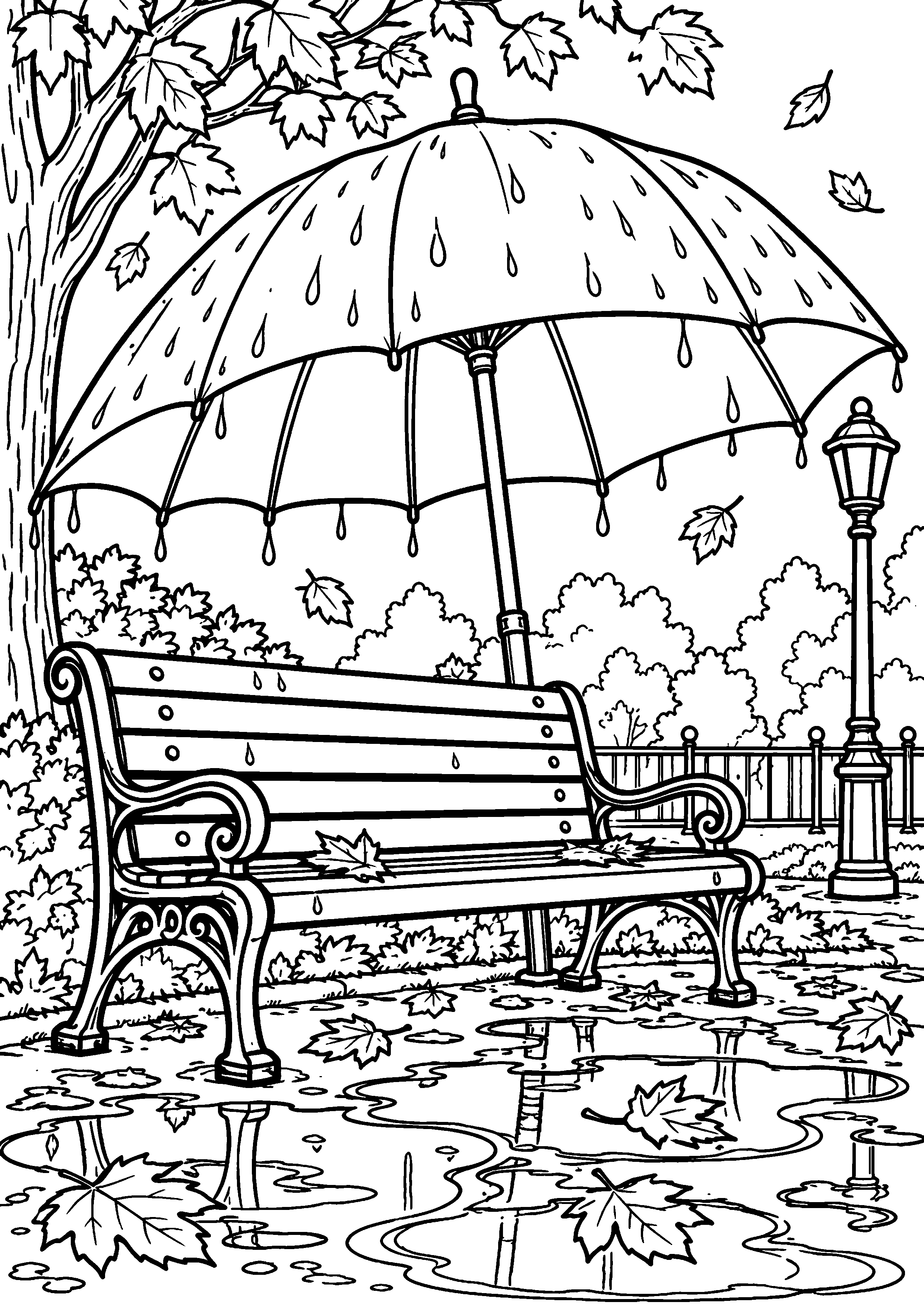 Coloriage en noir et blanc représentant banc de parc sous un grand parapluie après l'averse, en grand format A4