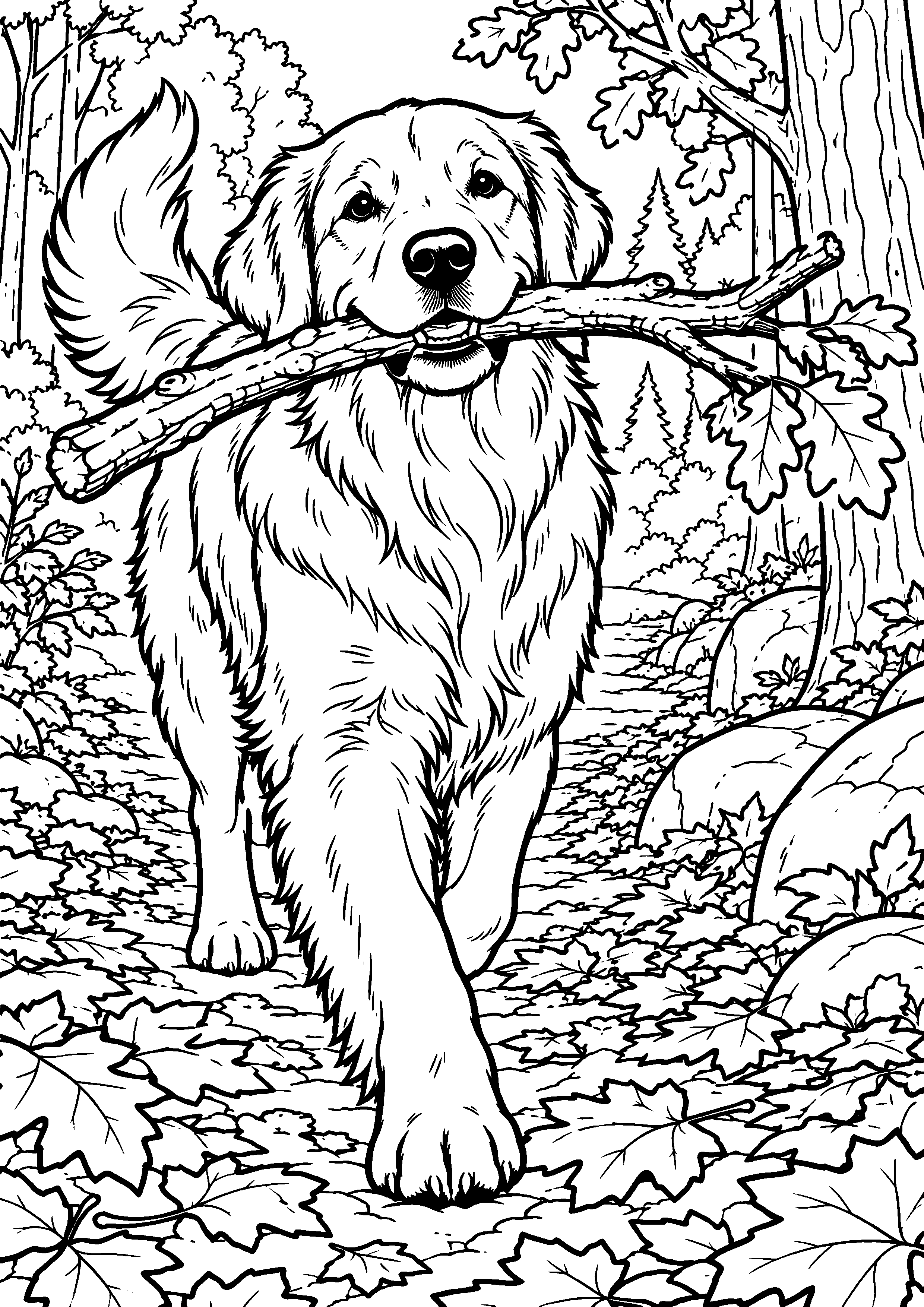 Coloriage en noir et blanc représentant chien rapportant une branche sur un sentier forestier, en grand format A4