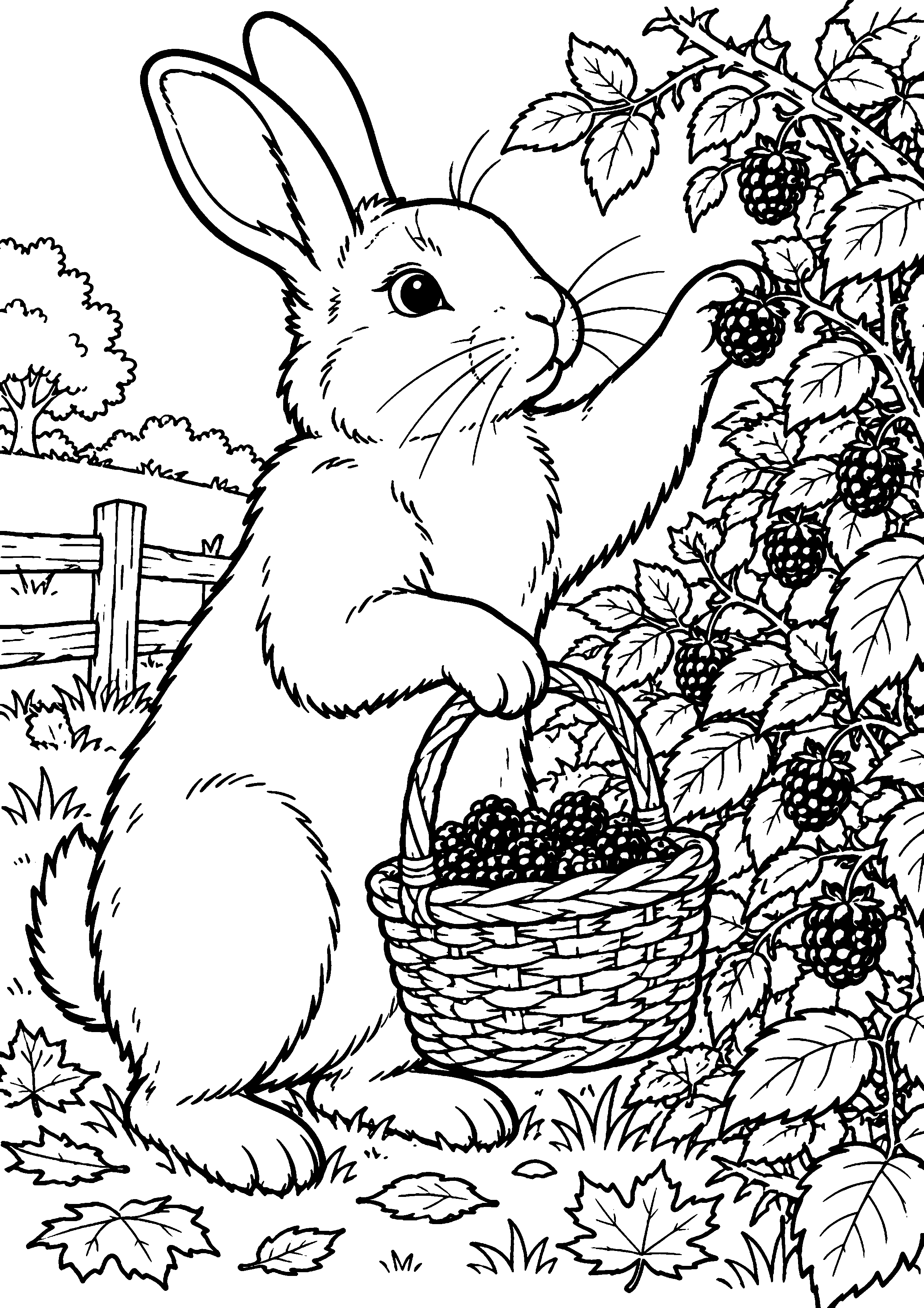 Coloriage en noir et blanc représentant lapin cueillant les dernières mûres près d'une haie, en grand format A4