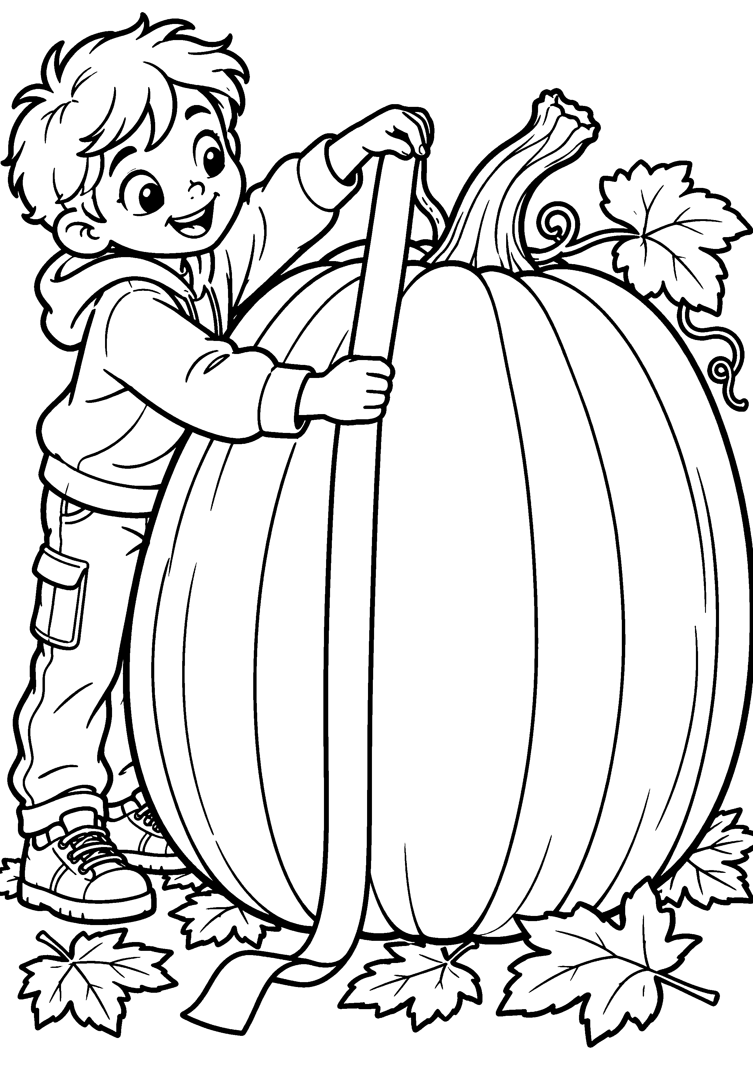 Coloriage en noir et blanc représentant enfant mesurant une grosse citrouille non sculptée, en grand format A4