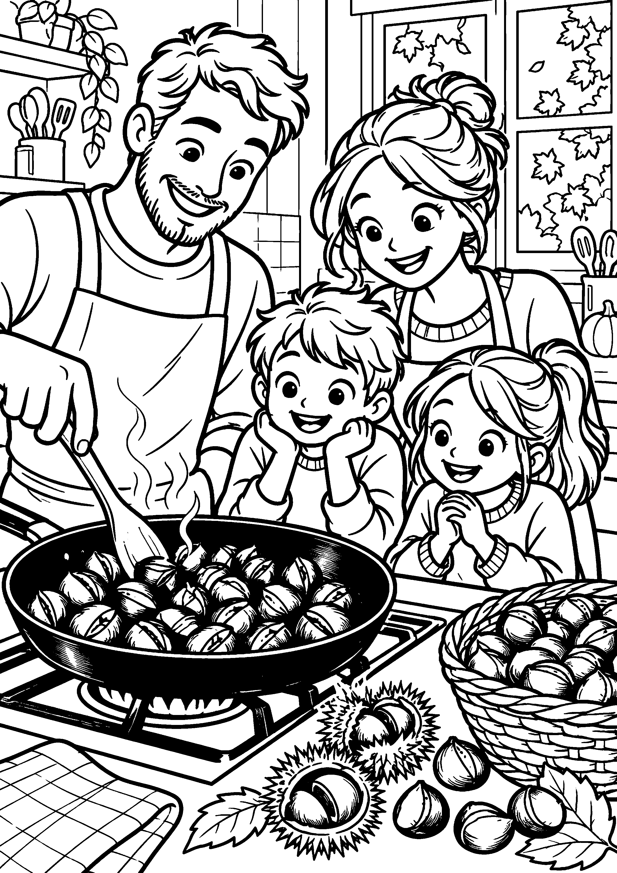 Coloriage en noir et blanc représentant famille faisant griller des châtaignes dans une cuisine, en grand format A4
