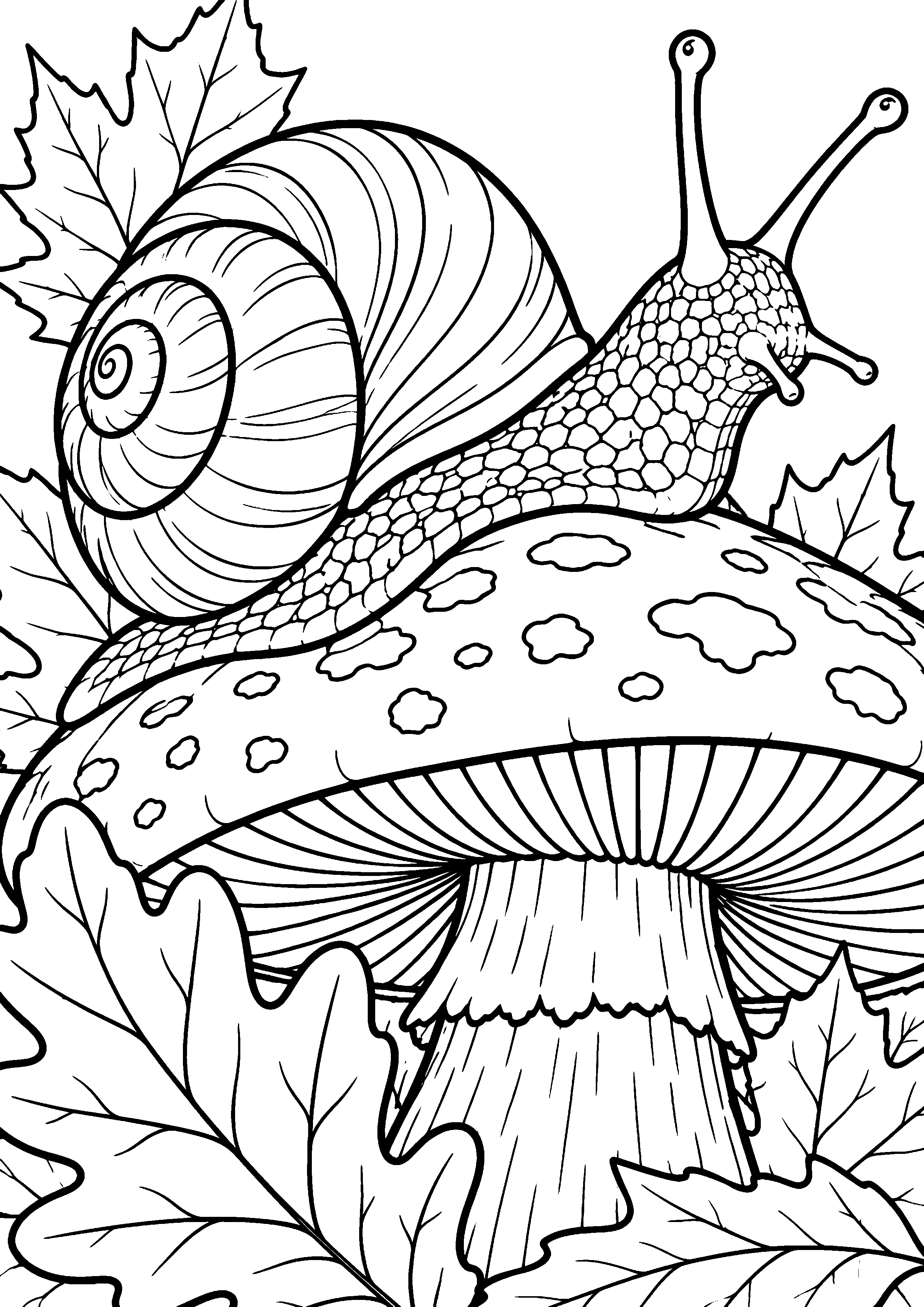 Coloriage en noir et blanc représentant vue rapprochée d'un escargot avançant sur un champignon, en grand format A4