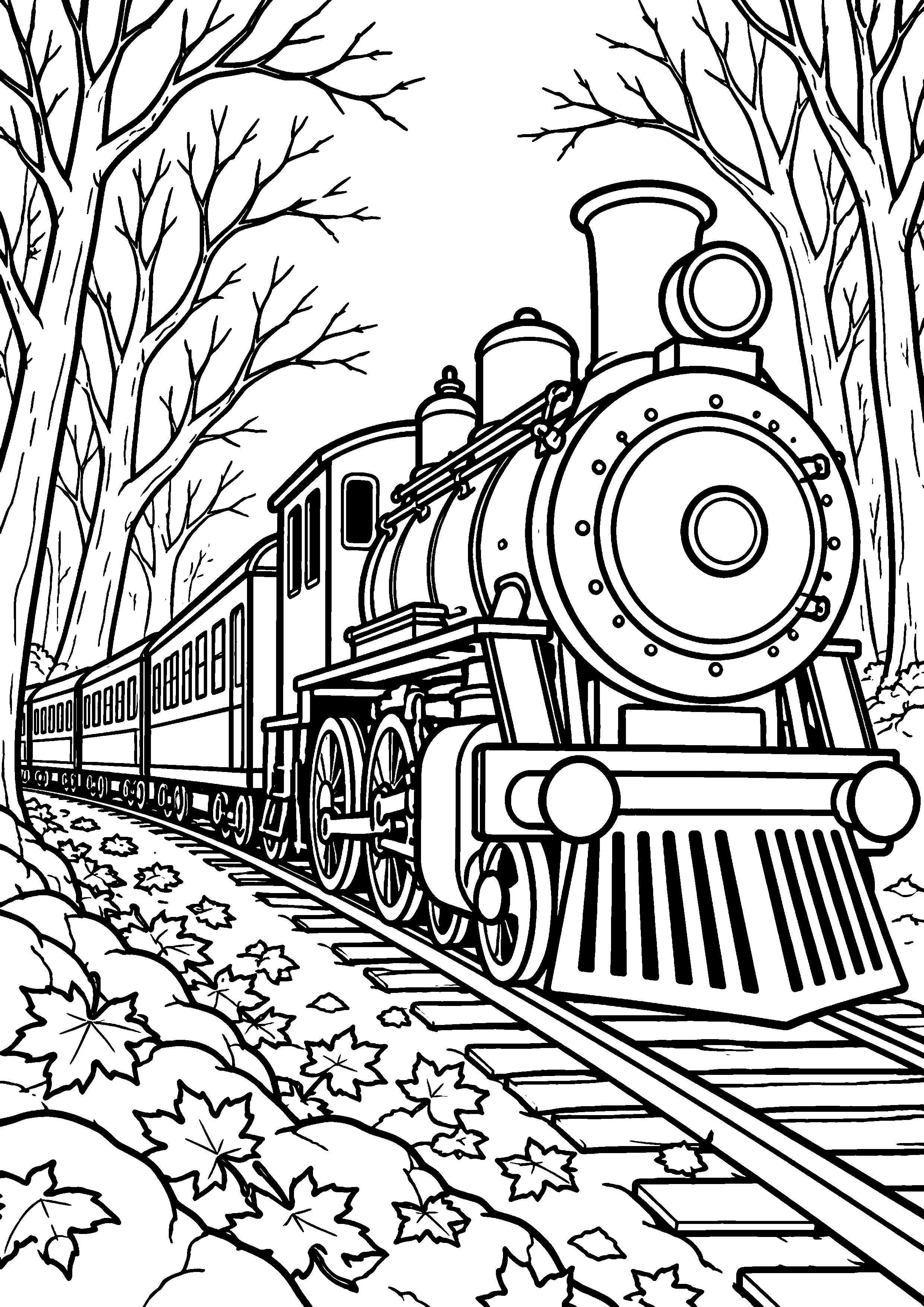 Coloriage en noir et blanc représentant petit train traversant une forêt aux arbres dénudés, en grand format A4
