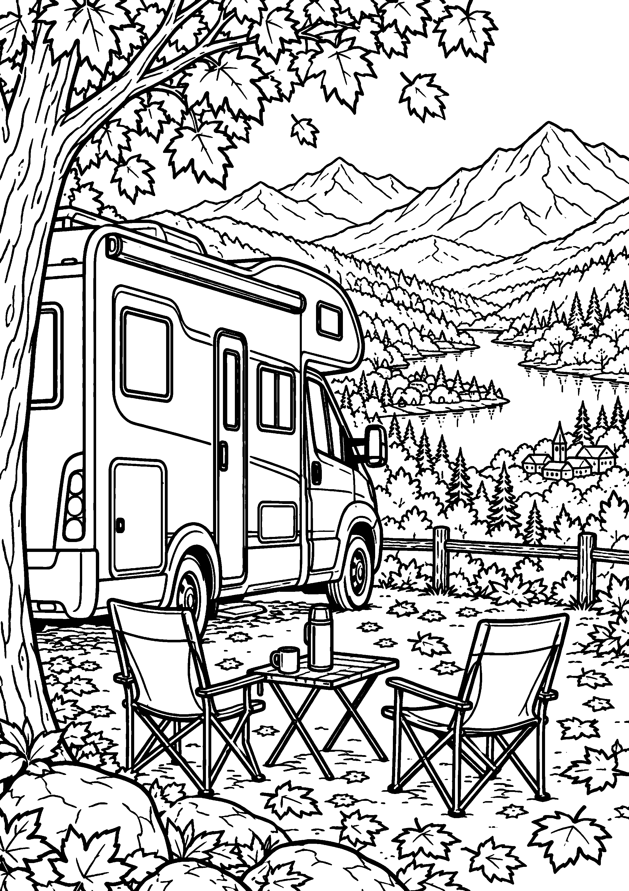 Coloriage en noir et blanc représentant camping-car stationné face à une vallée d'automne, en grand format A4