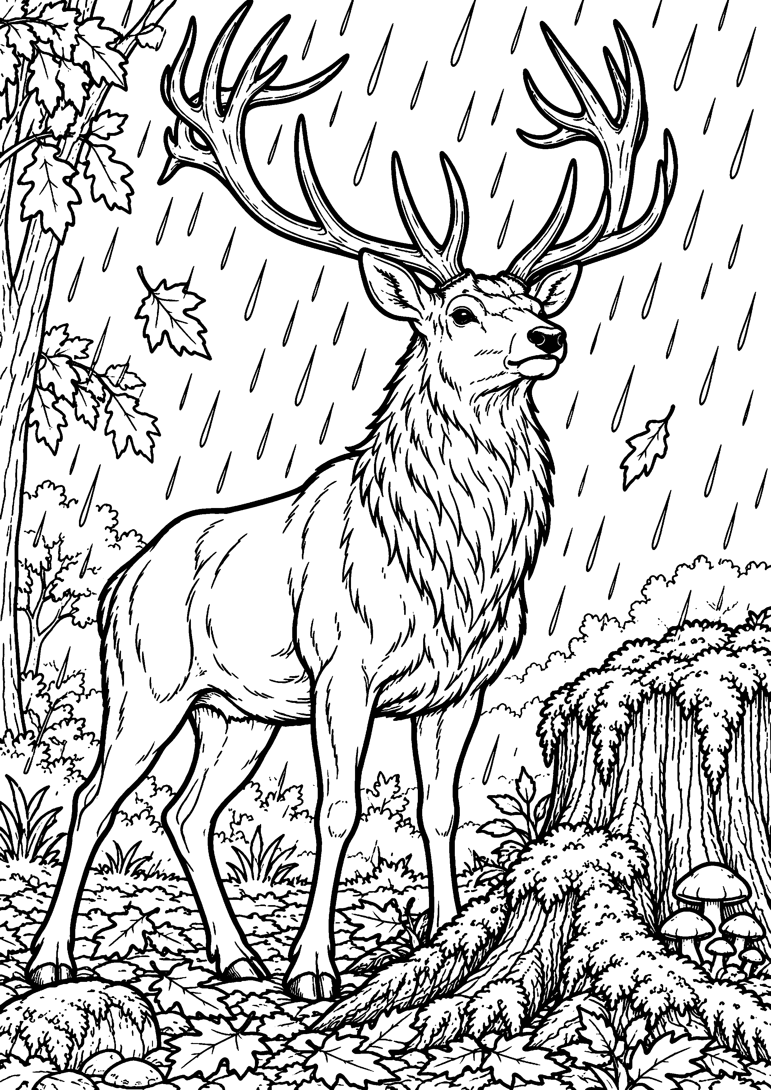 Coloriage en noir et blanc représentant cerf sous une pluie fine près d'une souche moussue, en grand format A4