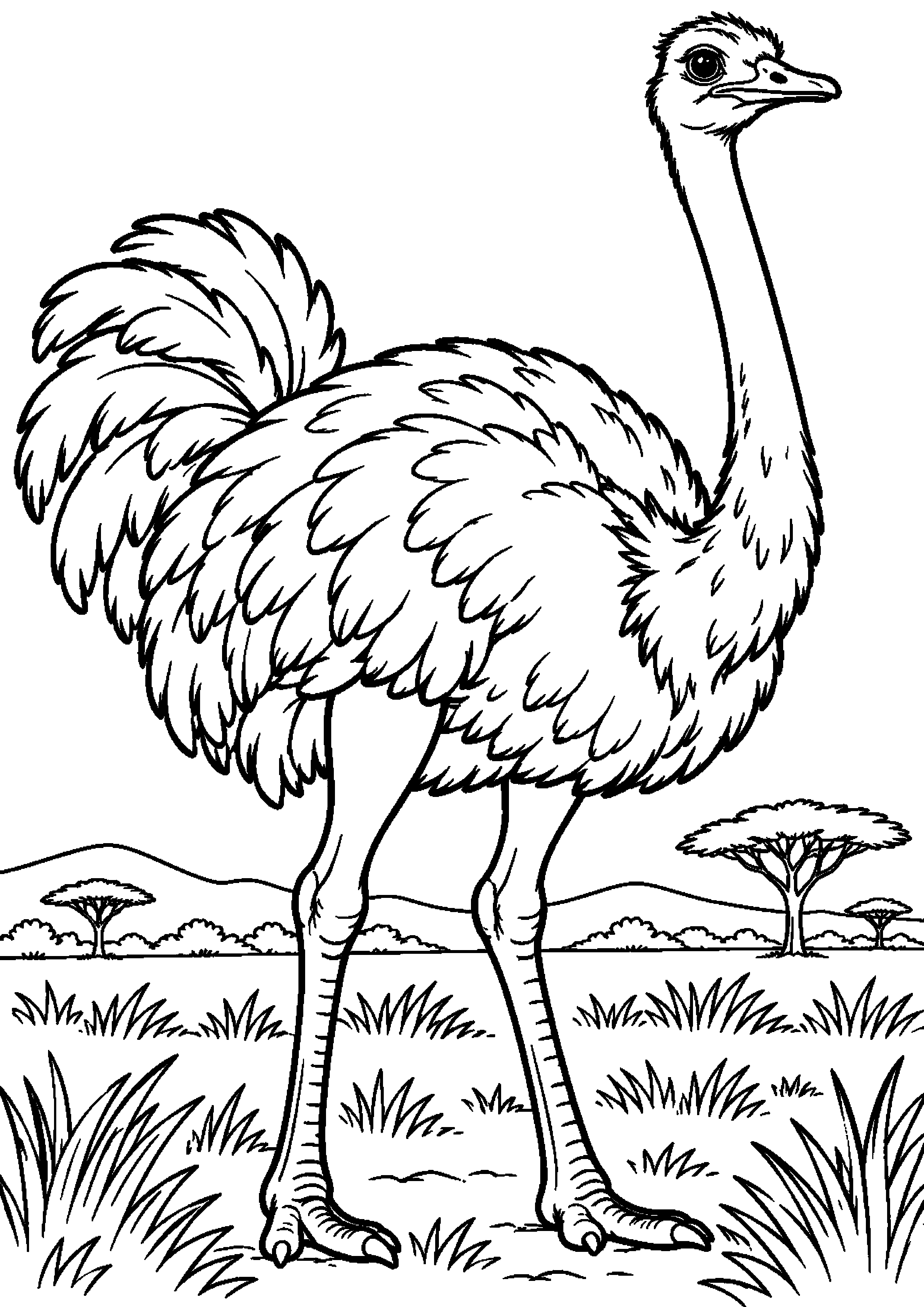 Grand coloriage d’une autruche debout dans la savane au milieu des herbes, contours noirs nets sur fond blanc