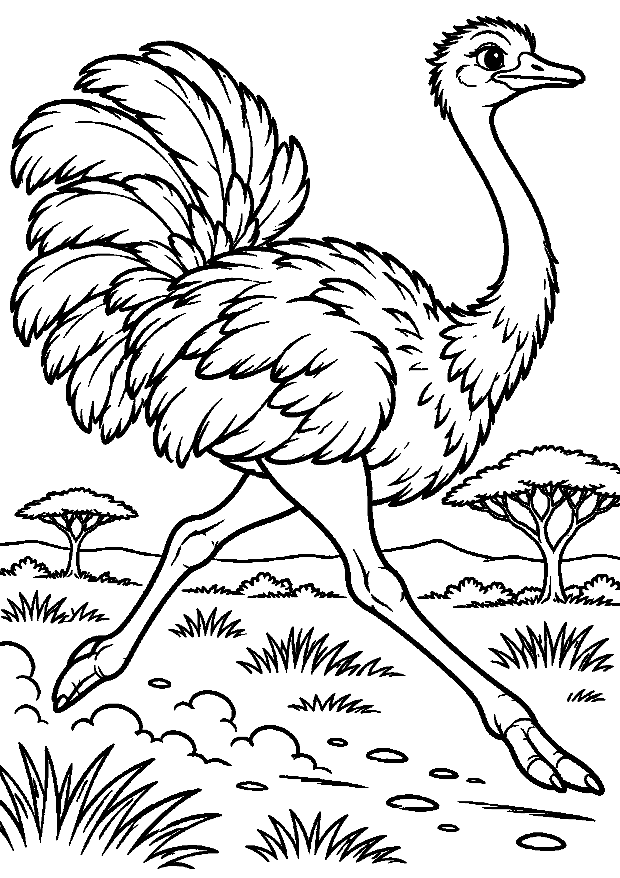 Grand coloriage d’une autruche courant rapidement dans la savane, contours noirs nets sur fond blanc