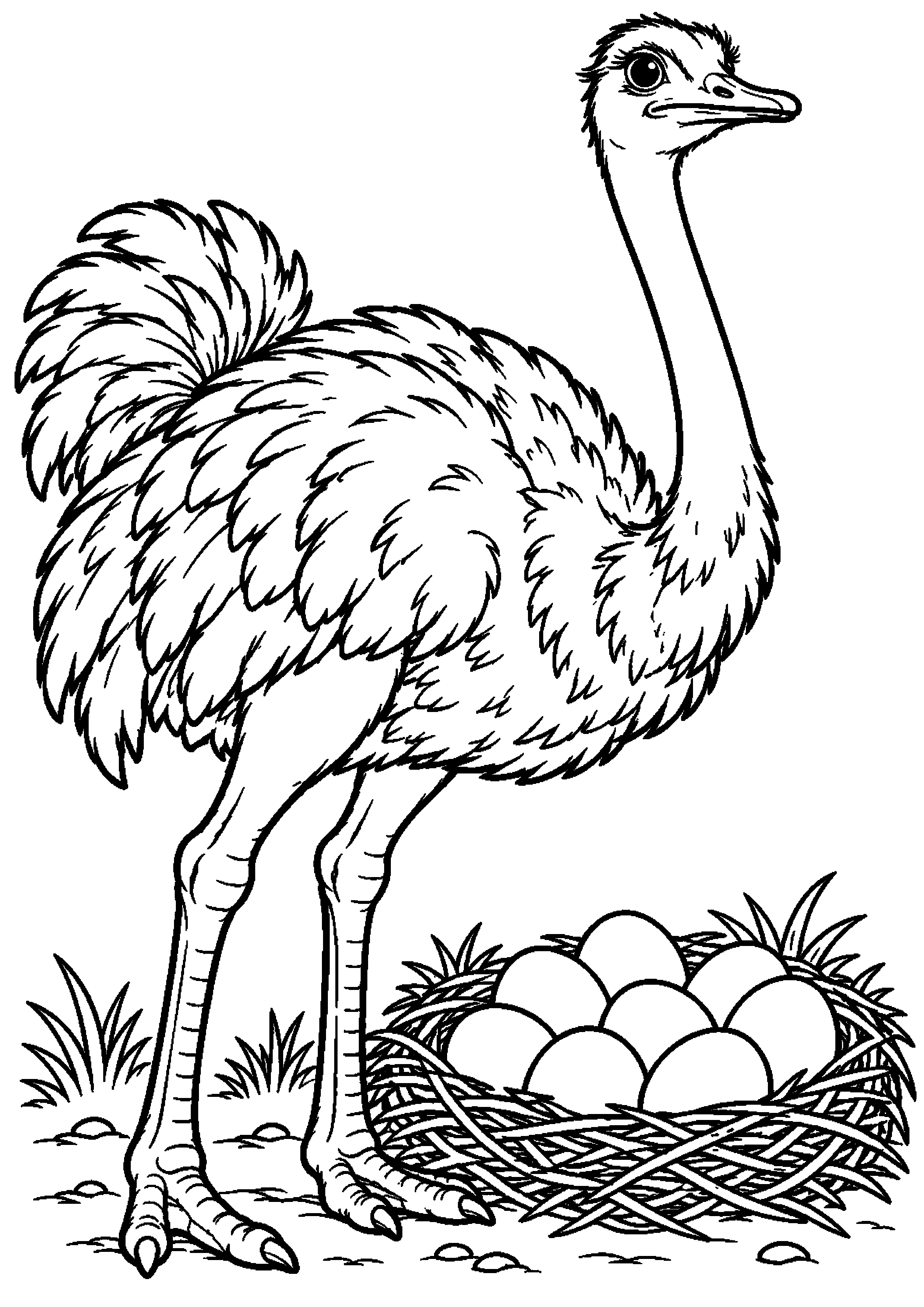 Grand coloriage d’une autruche debout près d’un nid rempli d’œufs, contours noirs nets sur fond blanc