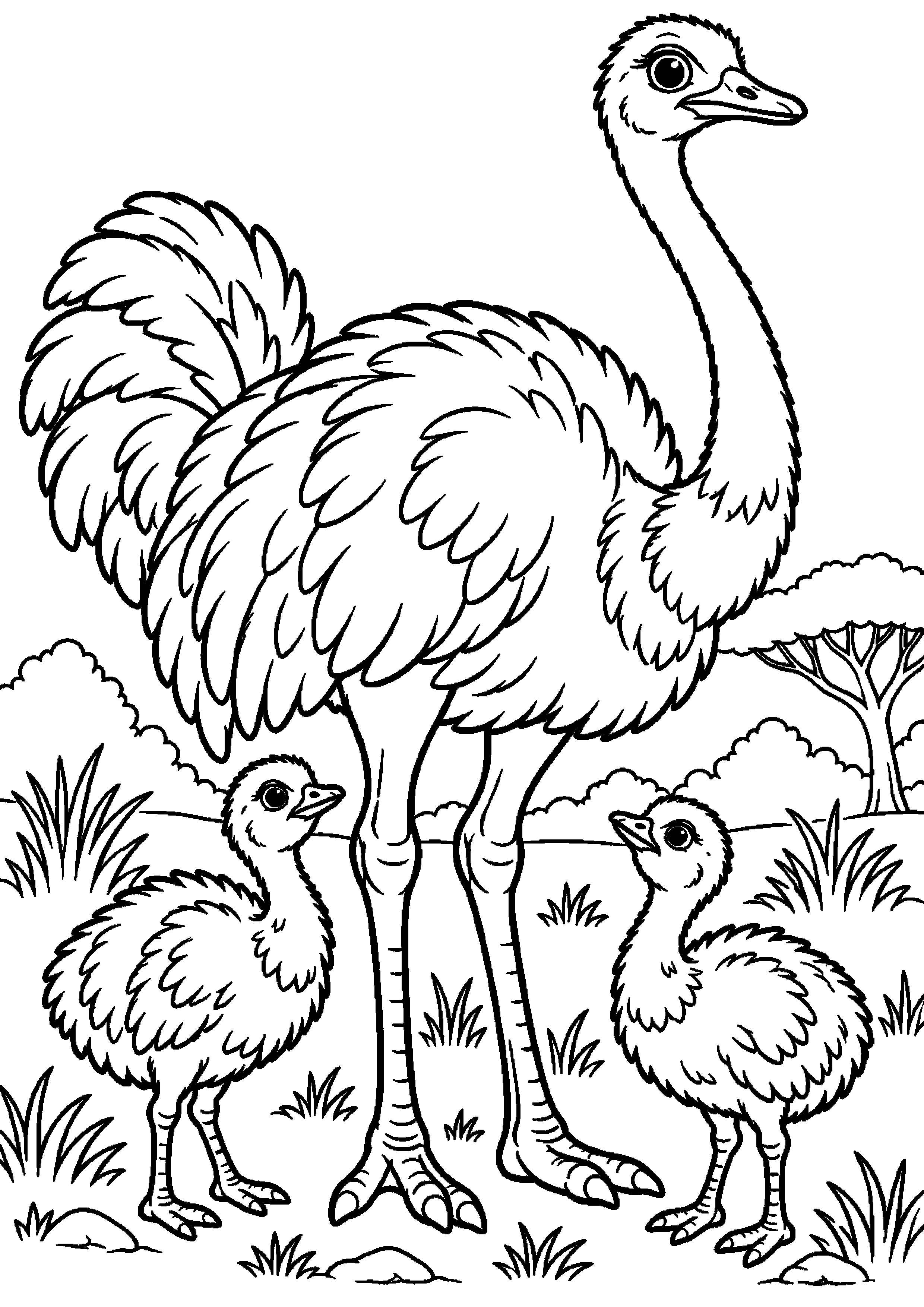 Grand coloriage d’une autruche adulte entourée de deux poussins dans la savane, contours noirs nets sur fond blanc