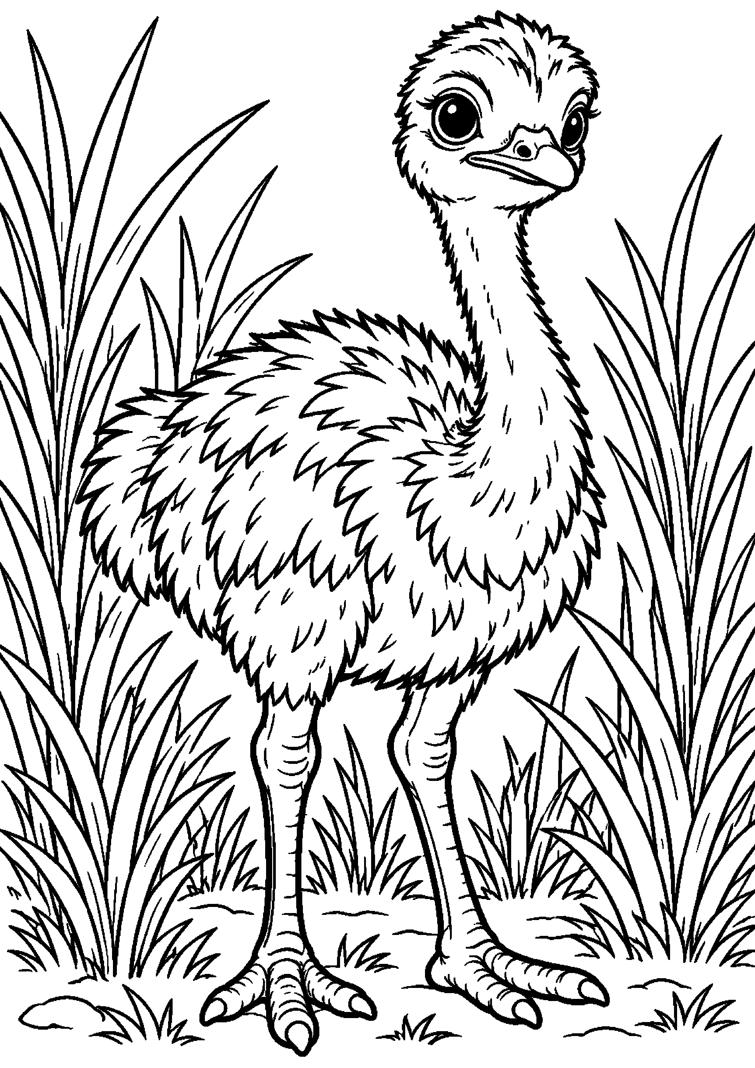 Grand coloriage d’une jeune autruche au milieu des hautes herbes, contours noirs nets sur fond blanc