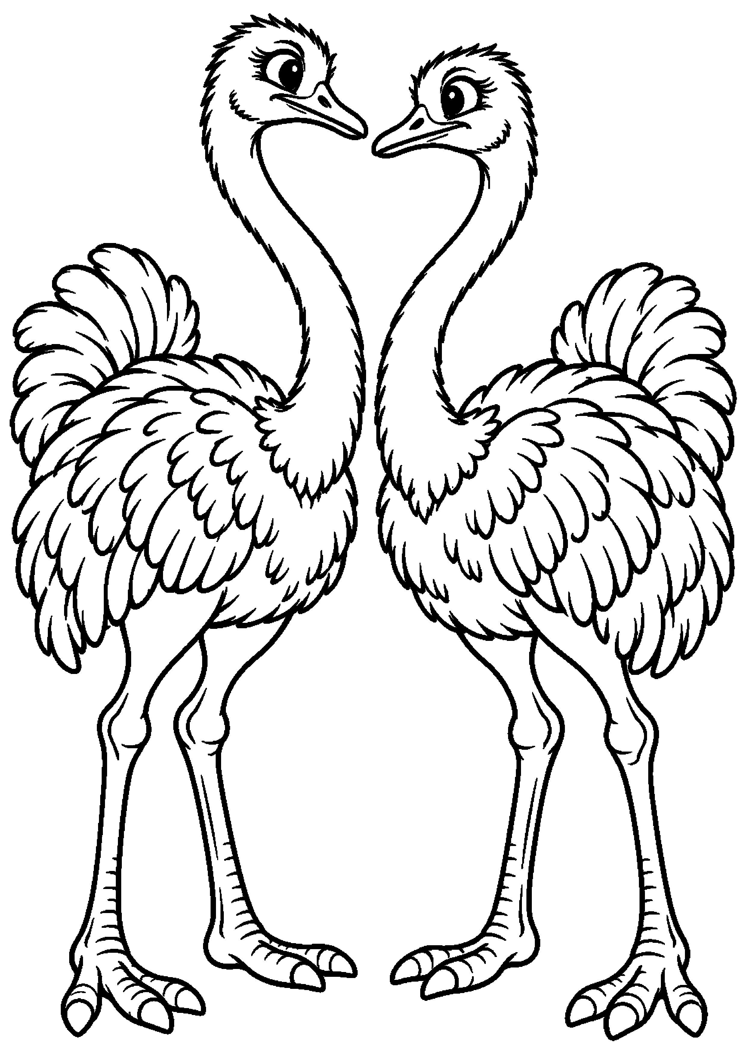 Grand coloriage de deux autruches face à face avec leurs cous courbés, contours noirs nets sur fond blanc
