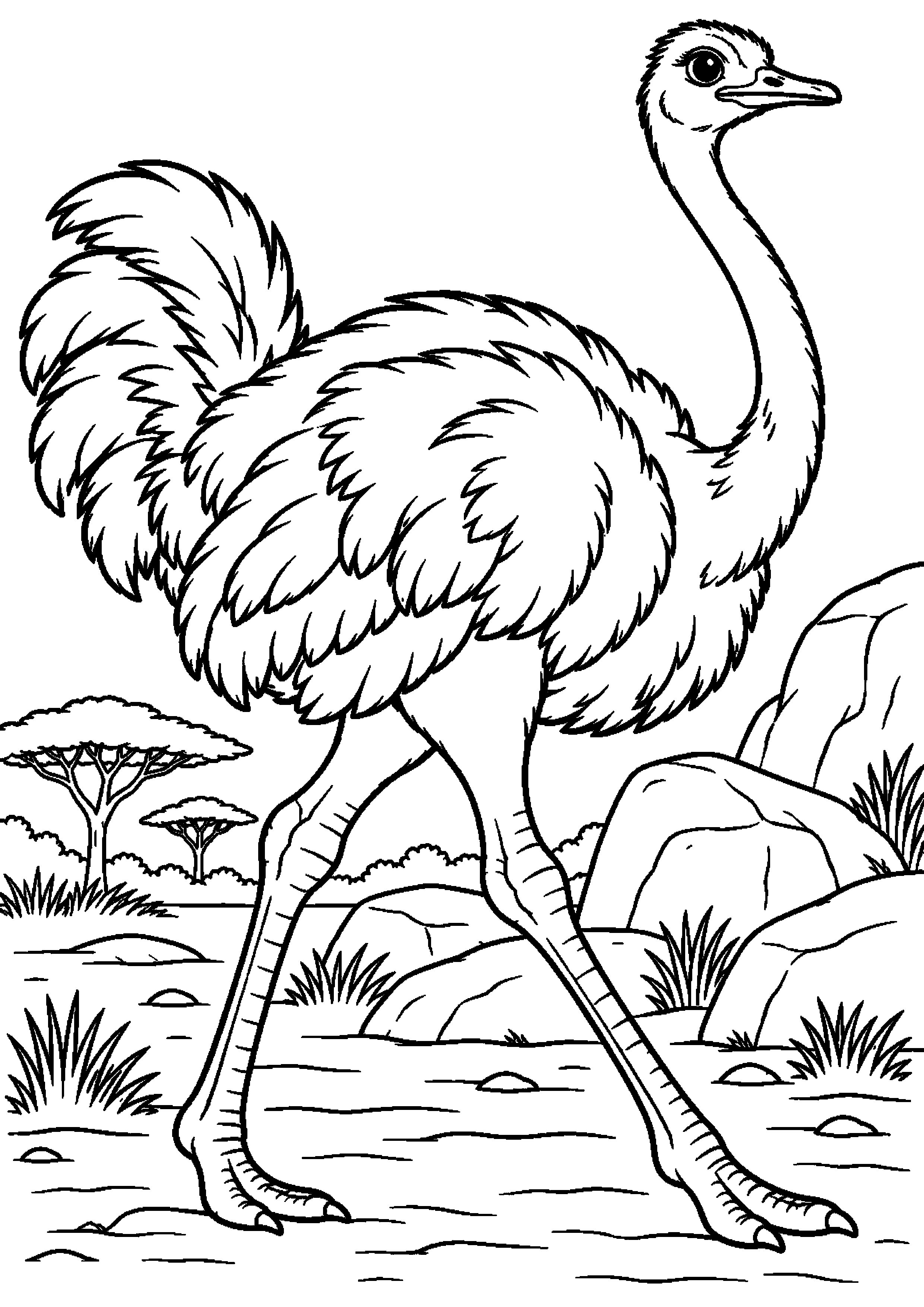 Grand coloriage d’une autruche marchant entre de gros rochers, contours noirs nets sur fond blanc