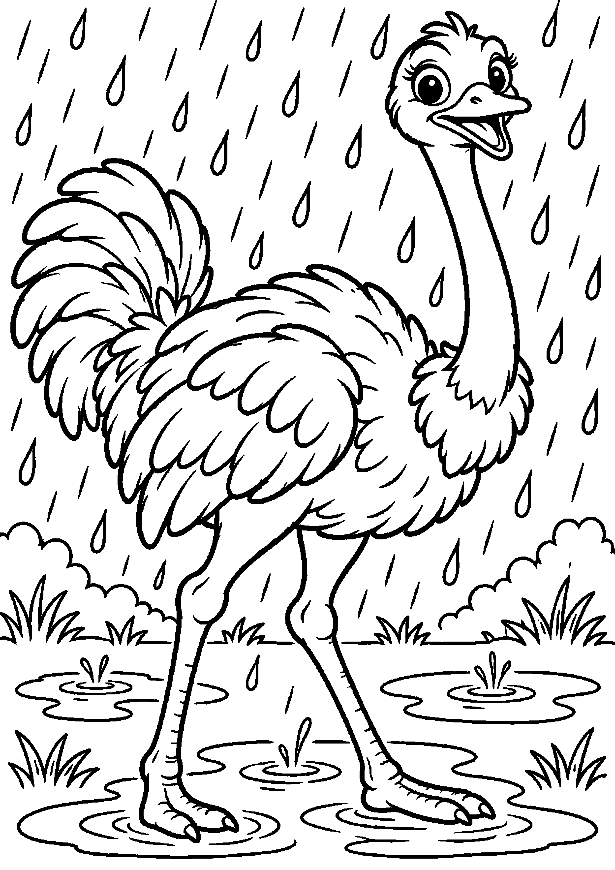 Grand coloriage d’une autruche sous la pluie au bord d’une flaque, contours noirs nets sur fond blanc