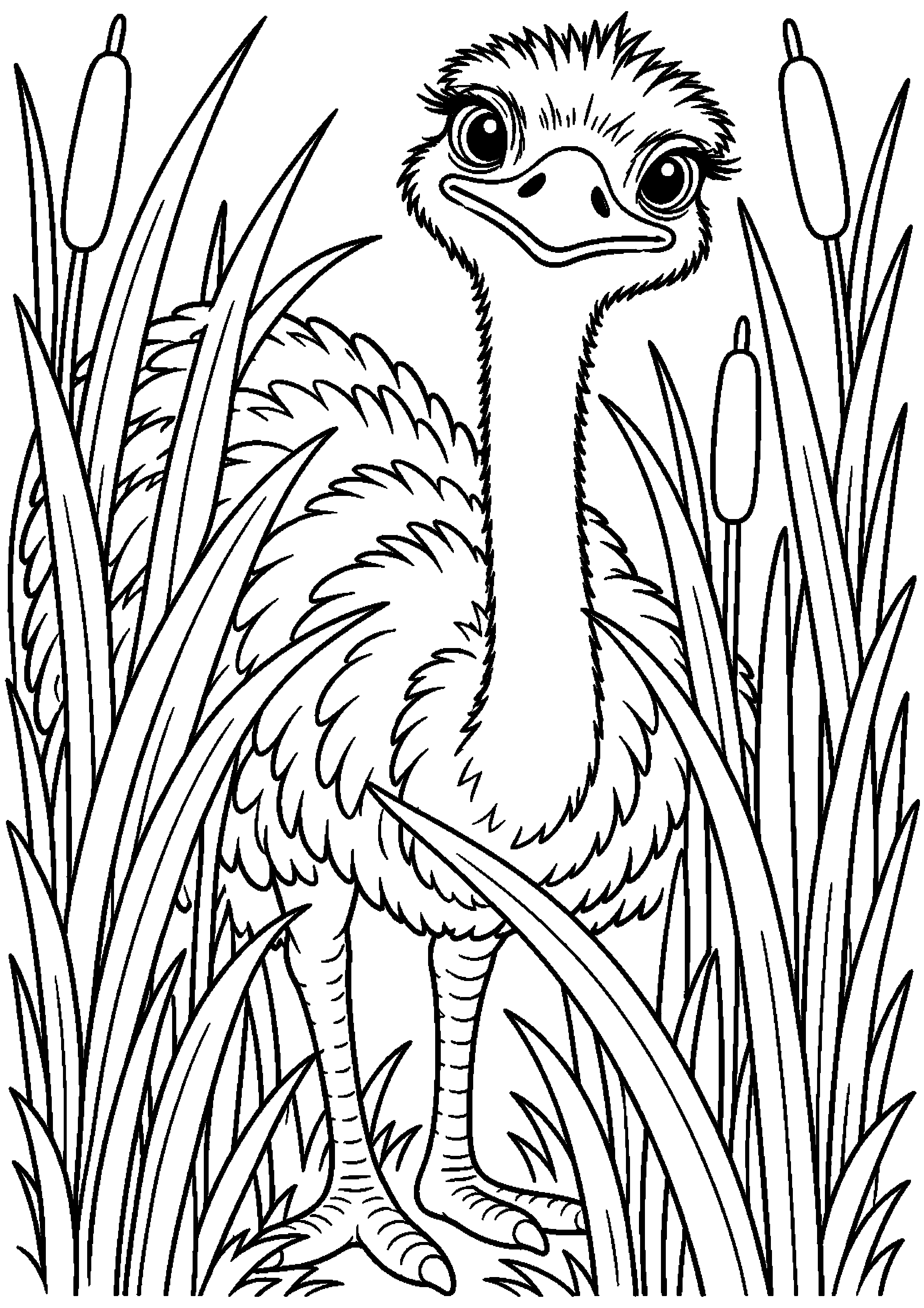 Grand coloriage d’une autruche regardant entre de très hautes herbes, contours noirs nets sur fond blanc