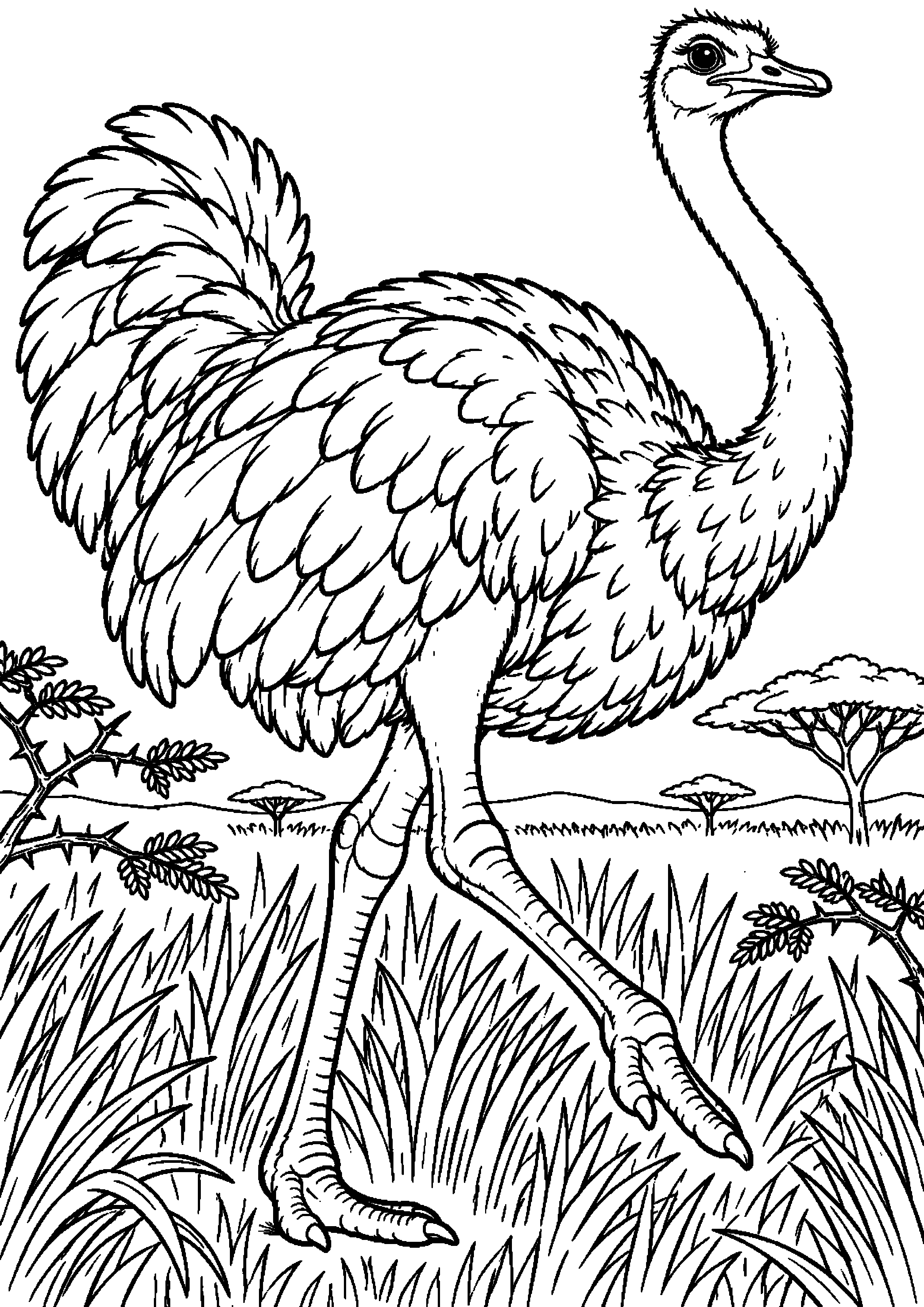 Grand coloriage d’une autruche debout sur une colline rocheuse de la savane, contours noirs nets sur fond blanc