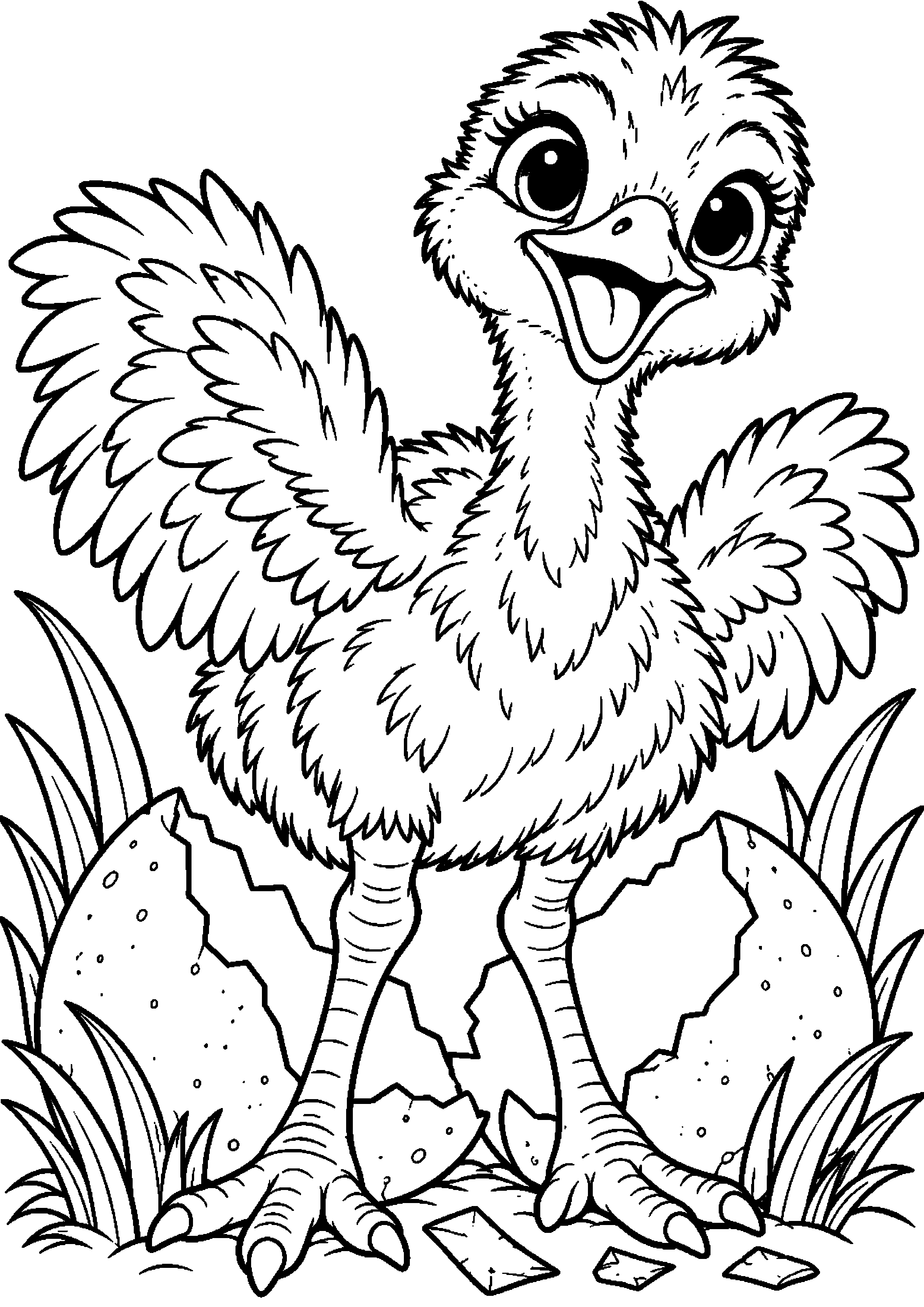 Grand coloriage d’un poussin d’autruche sortant d’un grand œuf, contours noirs nets sur fond blanc