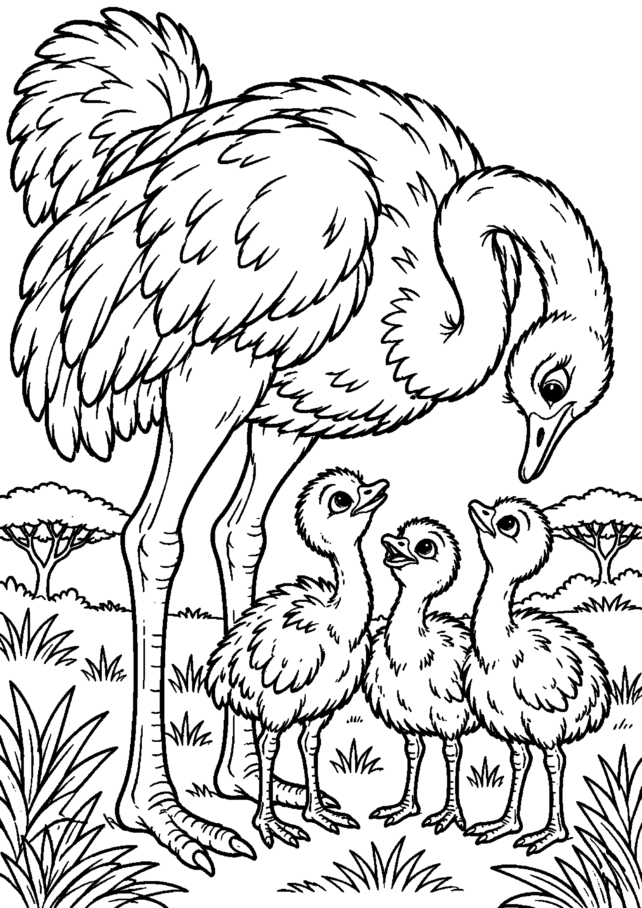 Grand coloriage d’une autruche adulte penchée vers trois poussins, contours noirs nets sur fond blanc