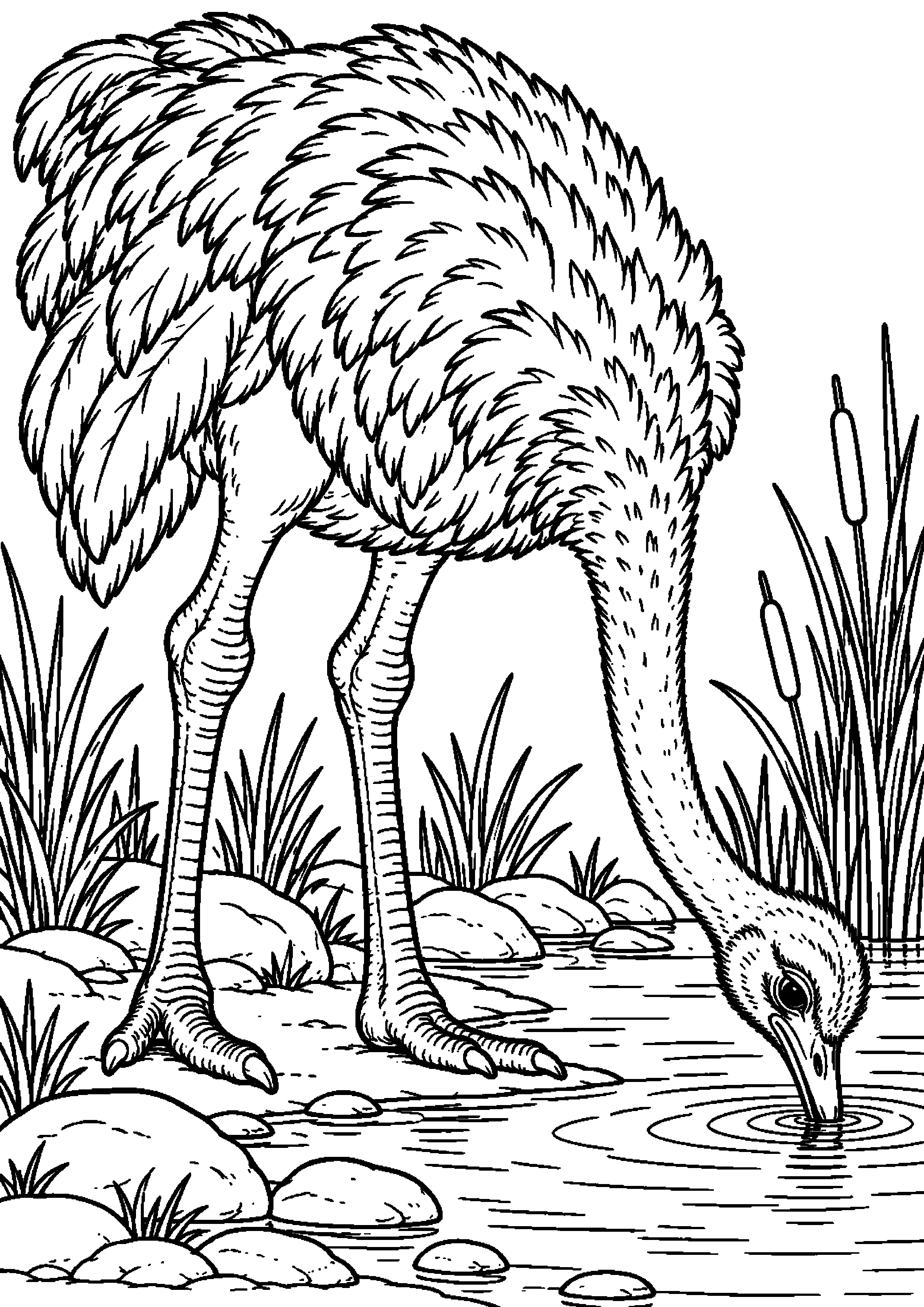 Grand coloriage d’une autruche cherchant sa nourriture parmi les galets d’un ruisseau, contours noirs nets sur fond blanc