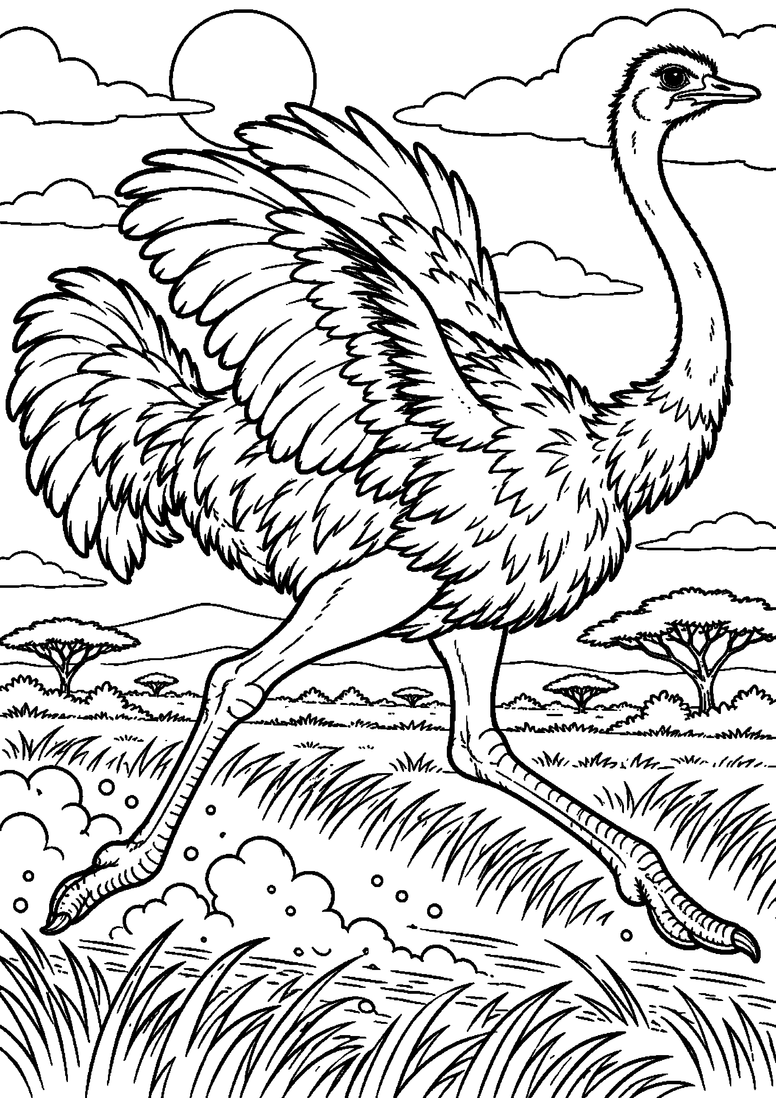 Grand coloriage d’une autruche courant dans la savane au soleil couchant, contours noirs nets sur fond blanc