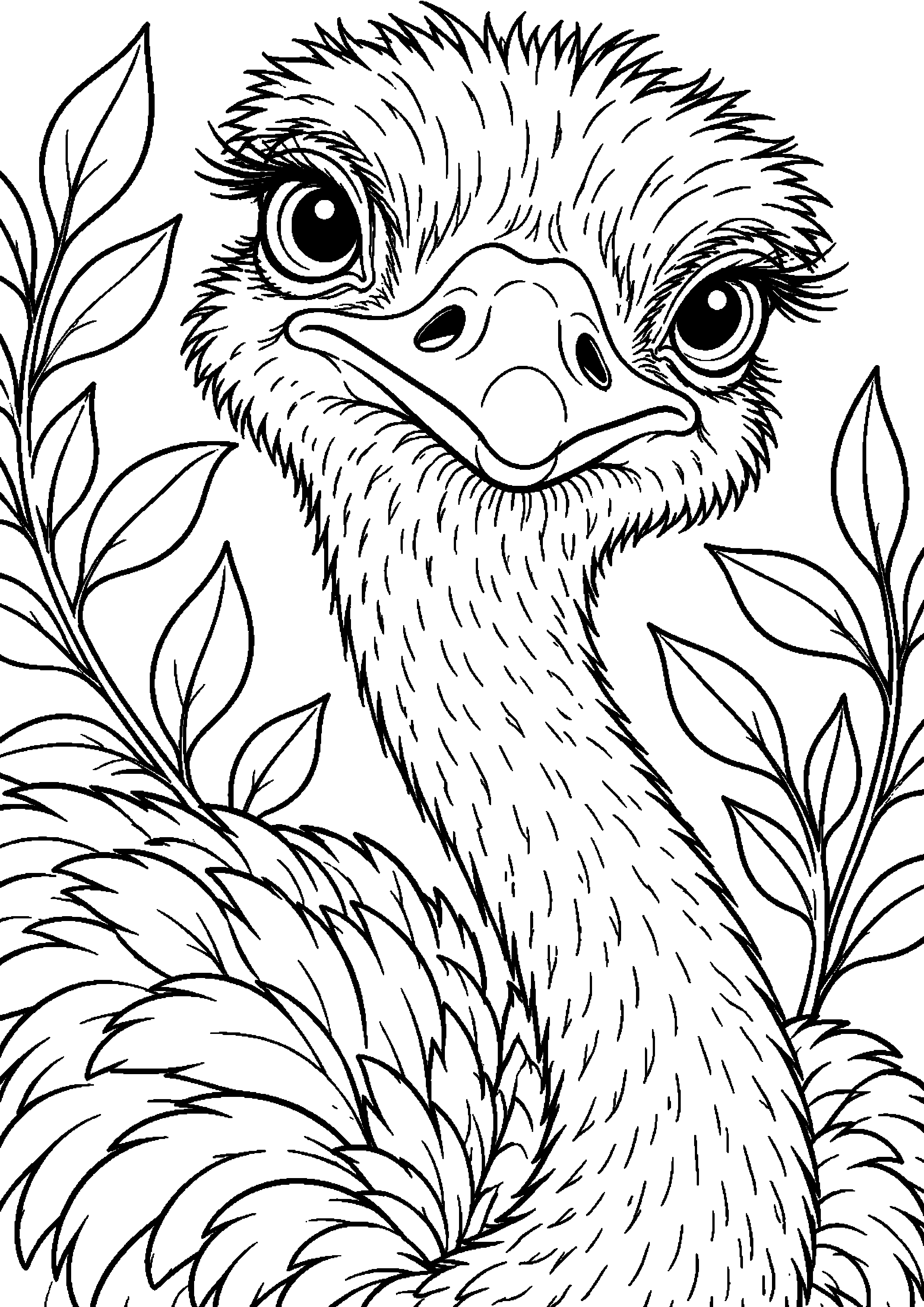 Grand coloriage d’une autruche en très gros plan parmi des feuilles, contours noirs nets sur fond blanc