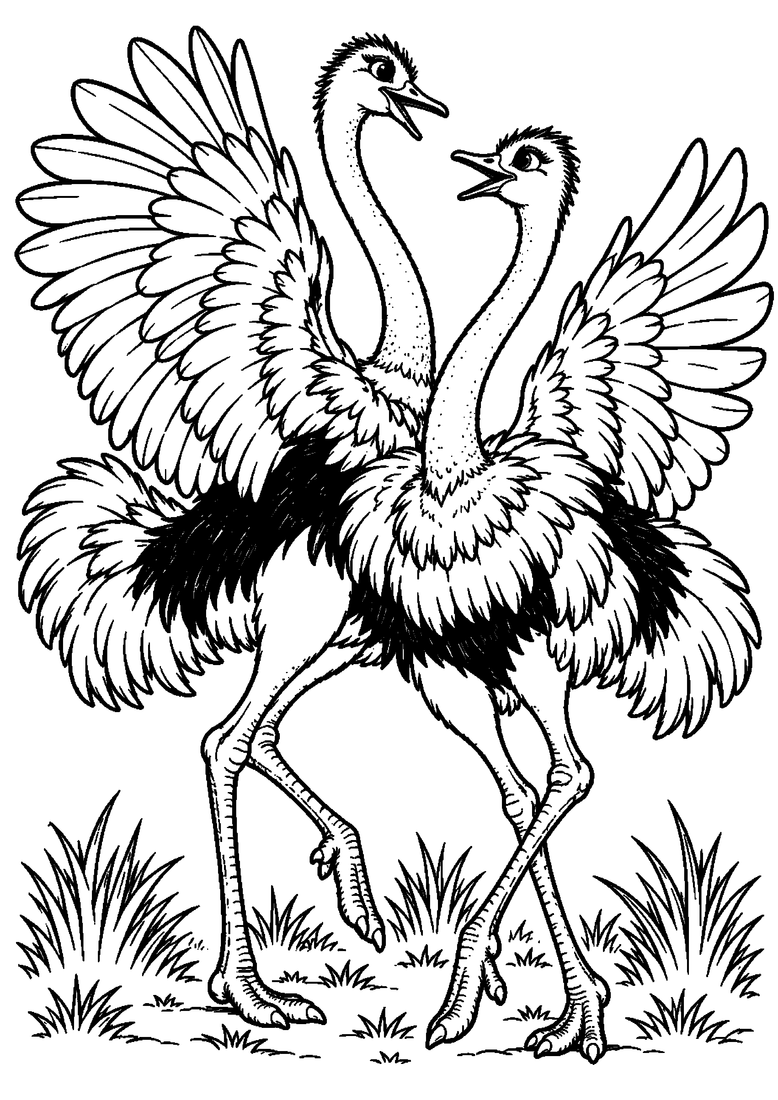 Grand coloriage de deux autruches en parade avec les ailes déployées, contours noirs nets sur fond blanc