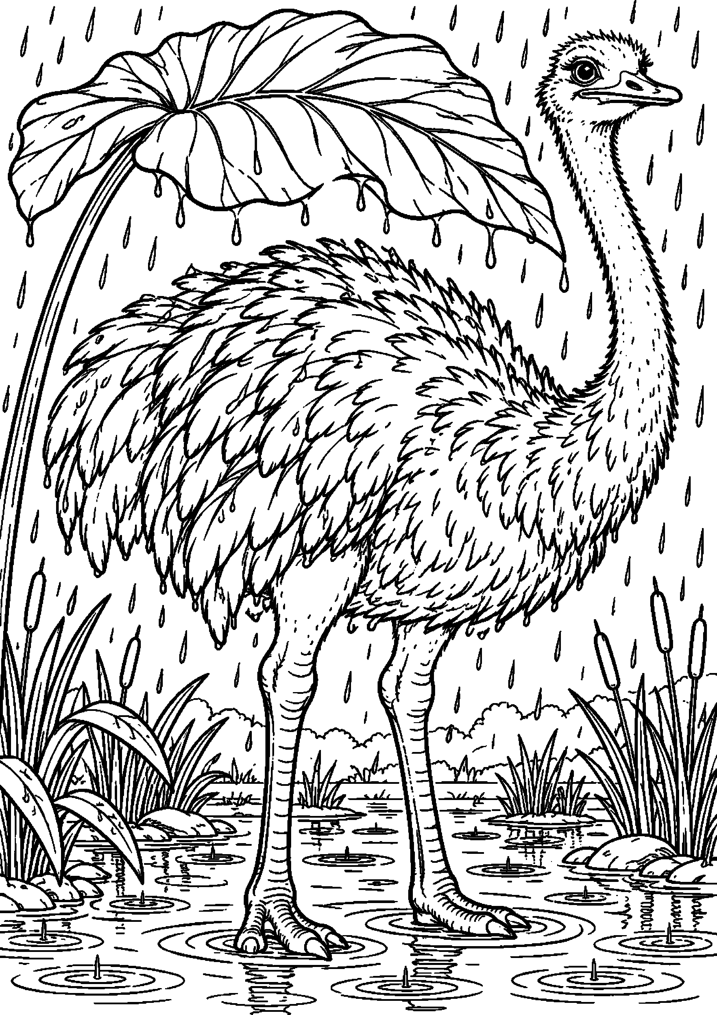 Grand coloriage d’une autruche abritée sous une grande feuille pendant la pluie, contours noirs nets sur fond blanc