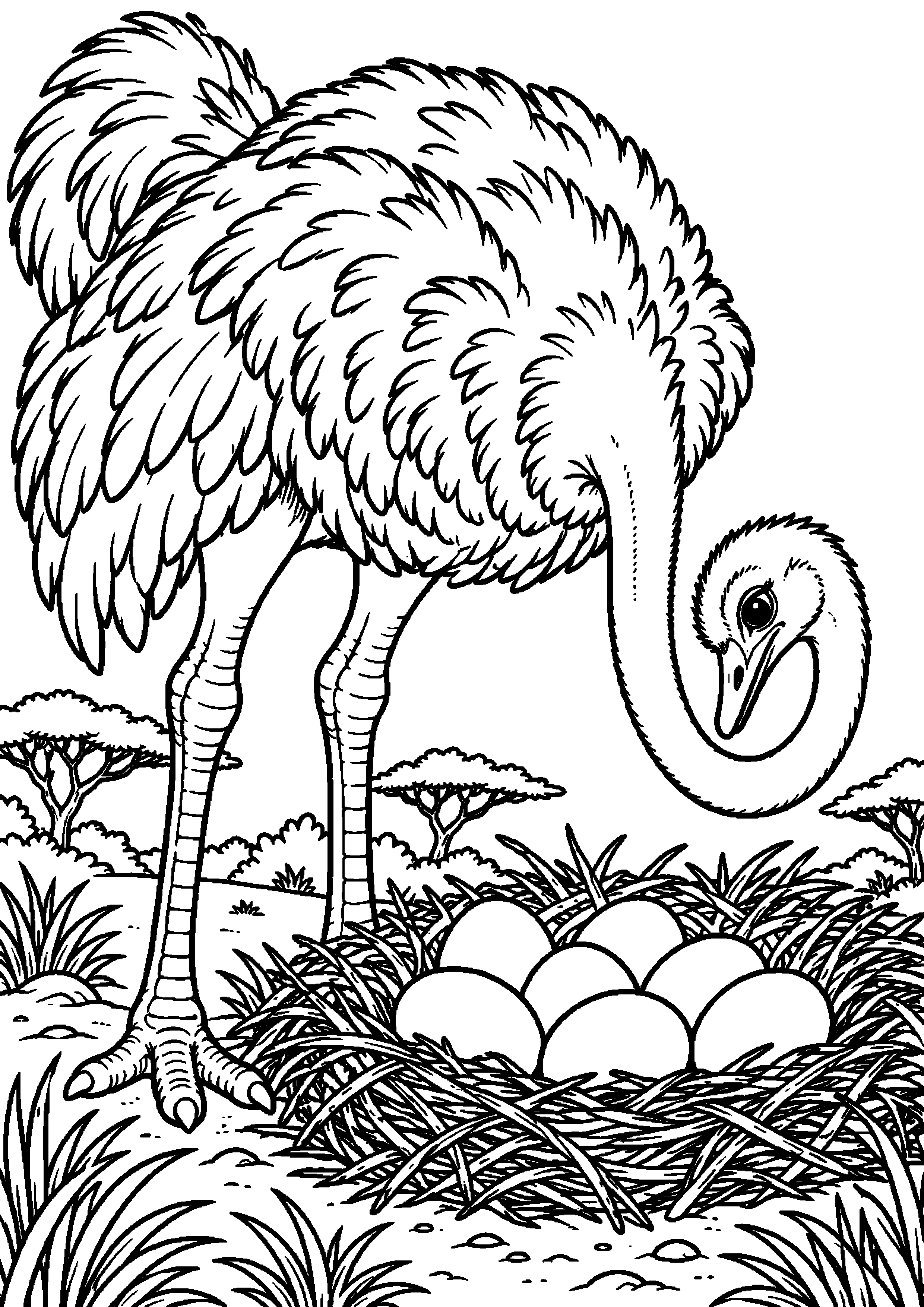 Grand coloriage d’une autruche penchée au-dessus de son nid et de ses œufs, contours noirs nets sur fond blanc