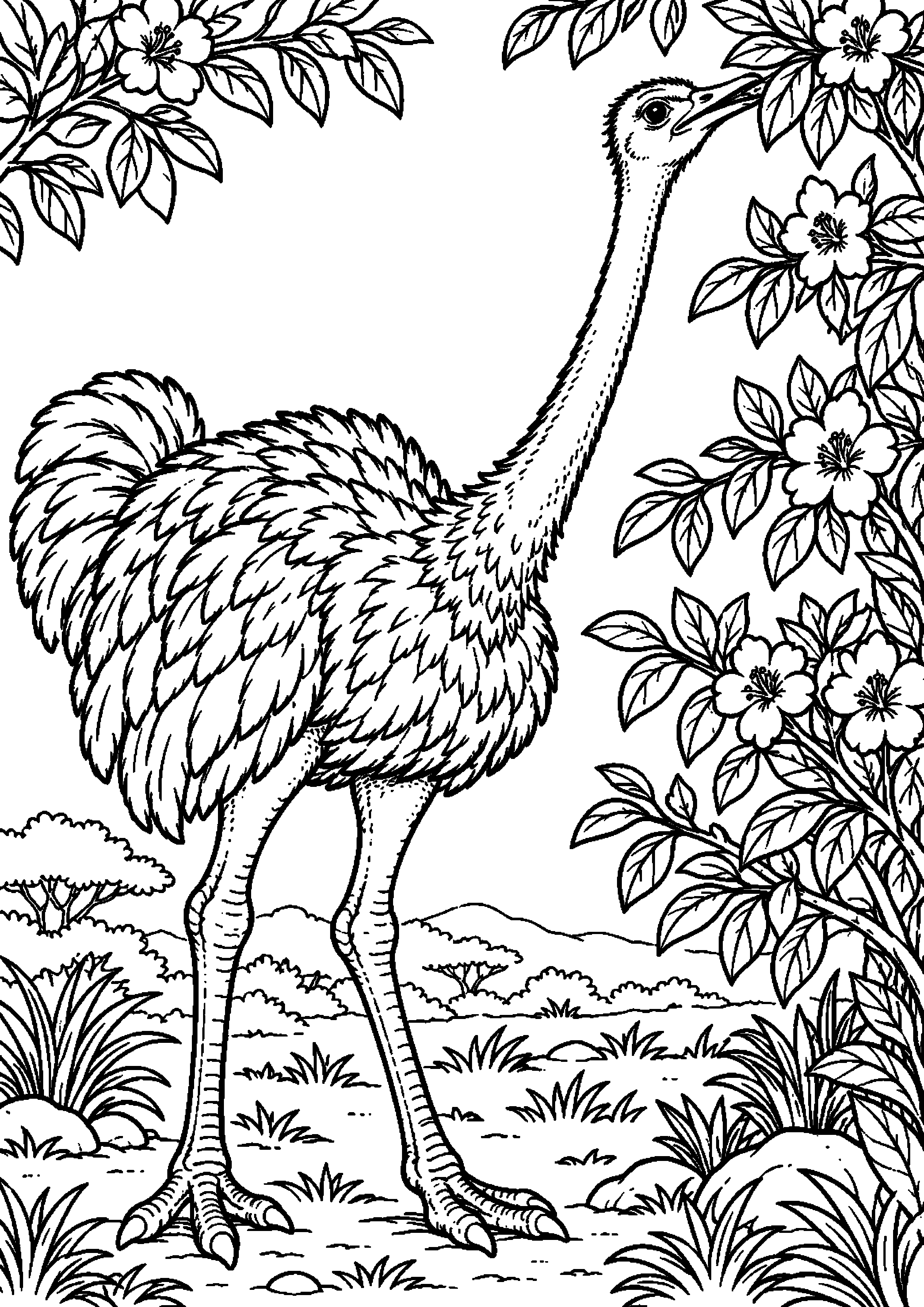 Grand coloriage d’une autruche debout sous un arbre chargé de fruits, contours noirs nets sur fond blanc