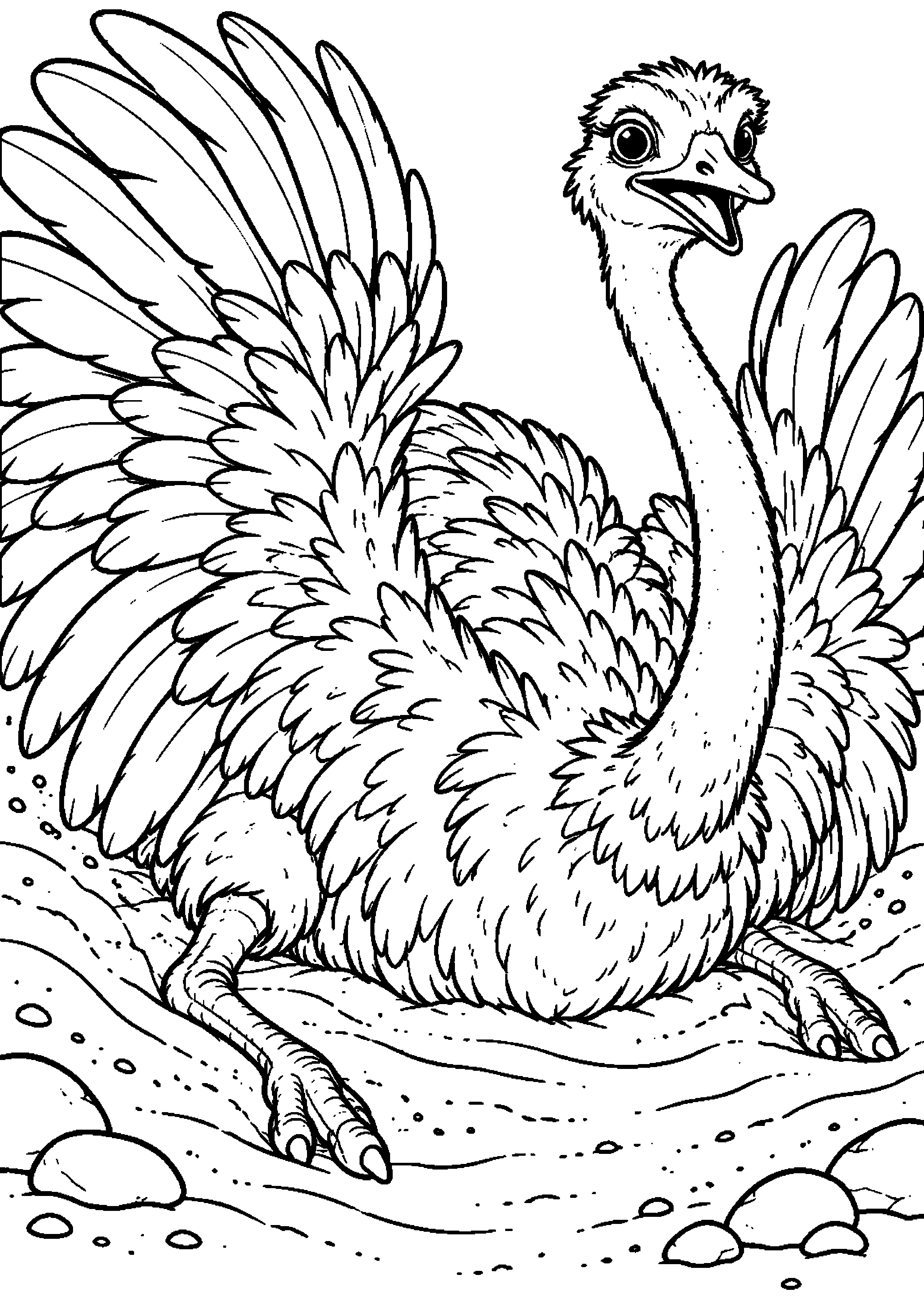 Grand coloriage d’une autruche assise au sol les ailes largement ouvertes, contours noirs nets sur fond blanc