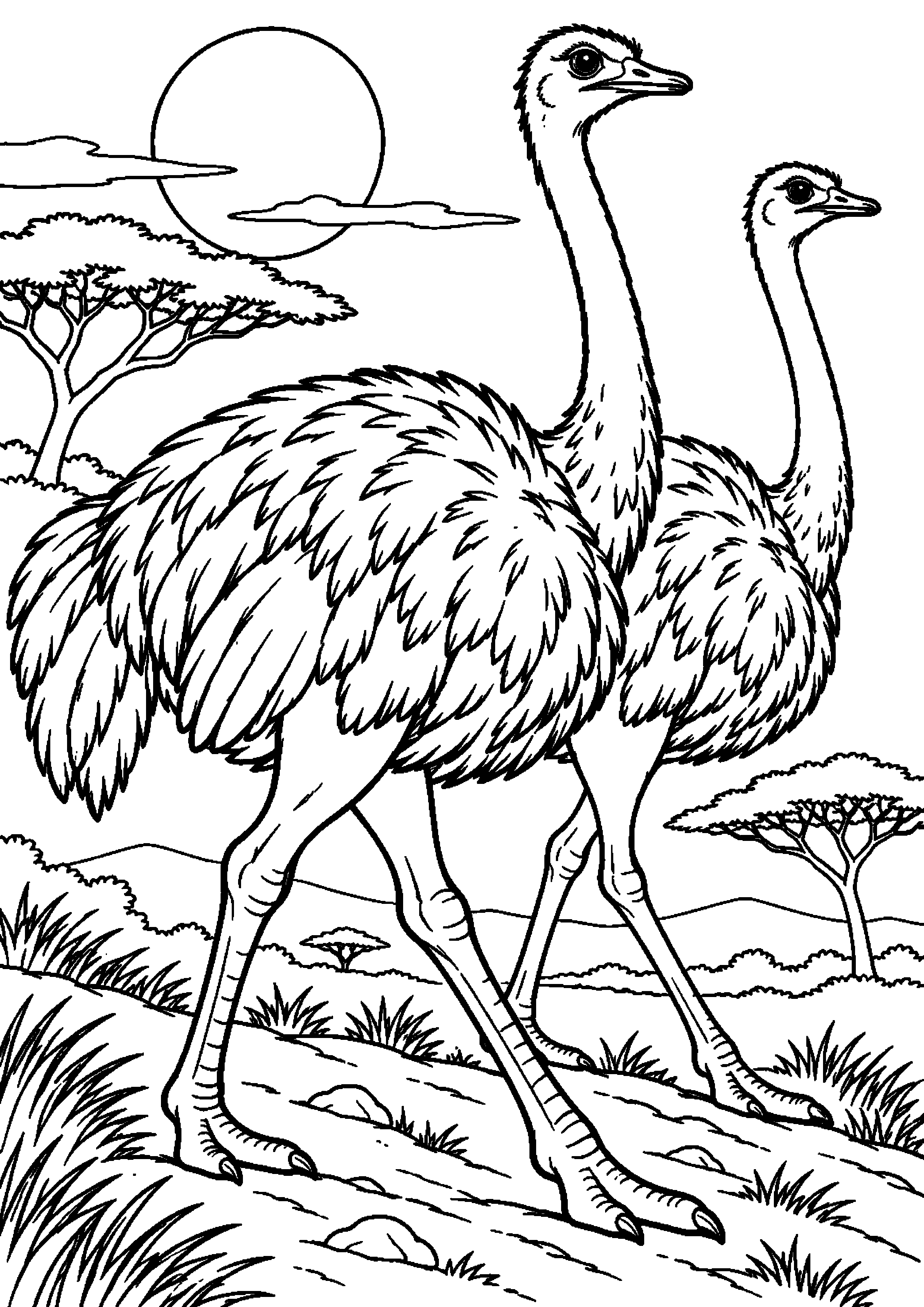 Grand coloriage de deux autruches marchant dans la savane au coucher du soleil, contours noirs nets sur fond blanc