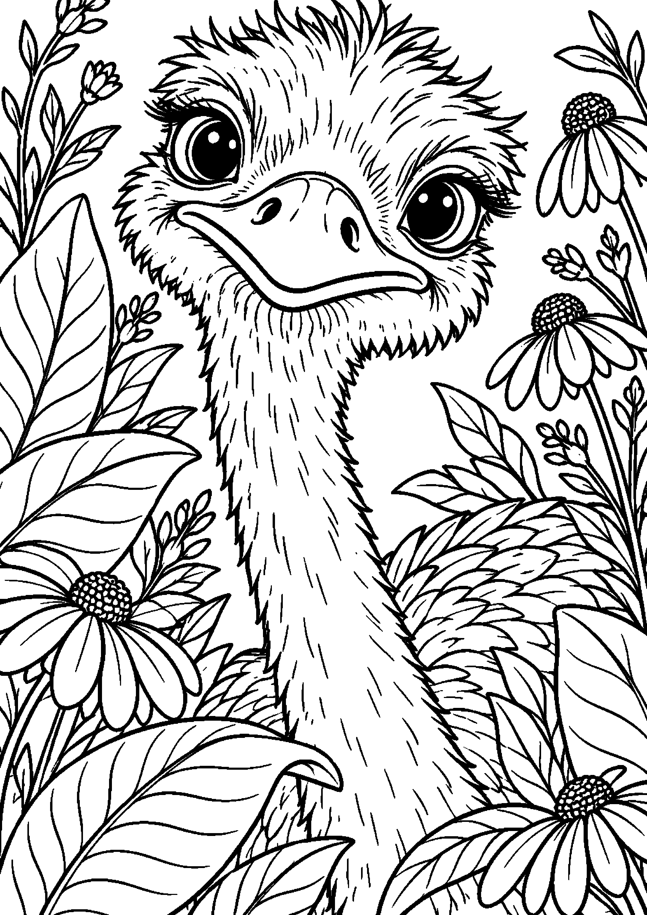 Grand coloriage d’une autruche en portrait rapproché au milieu de grandes fleurs, contours noirs nets sur fond blanc