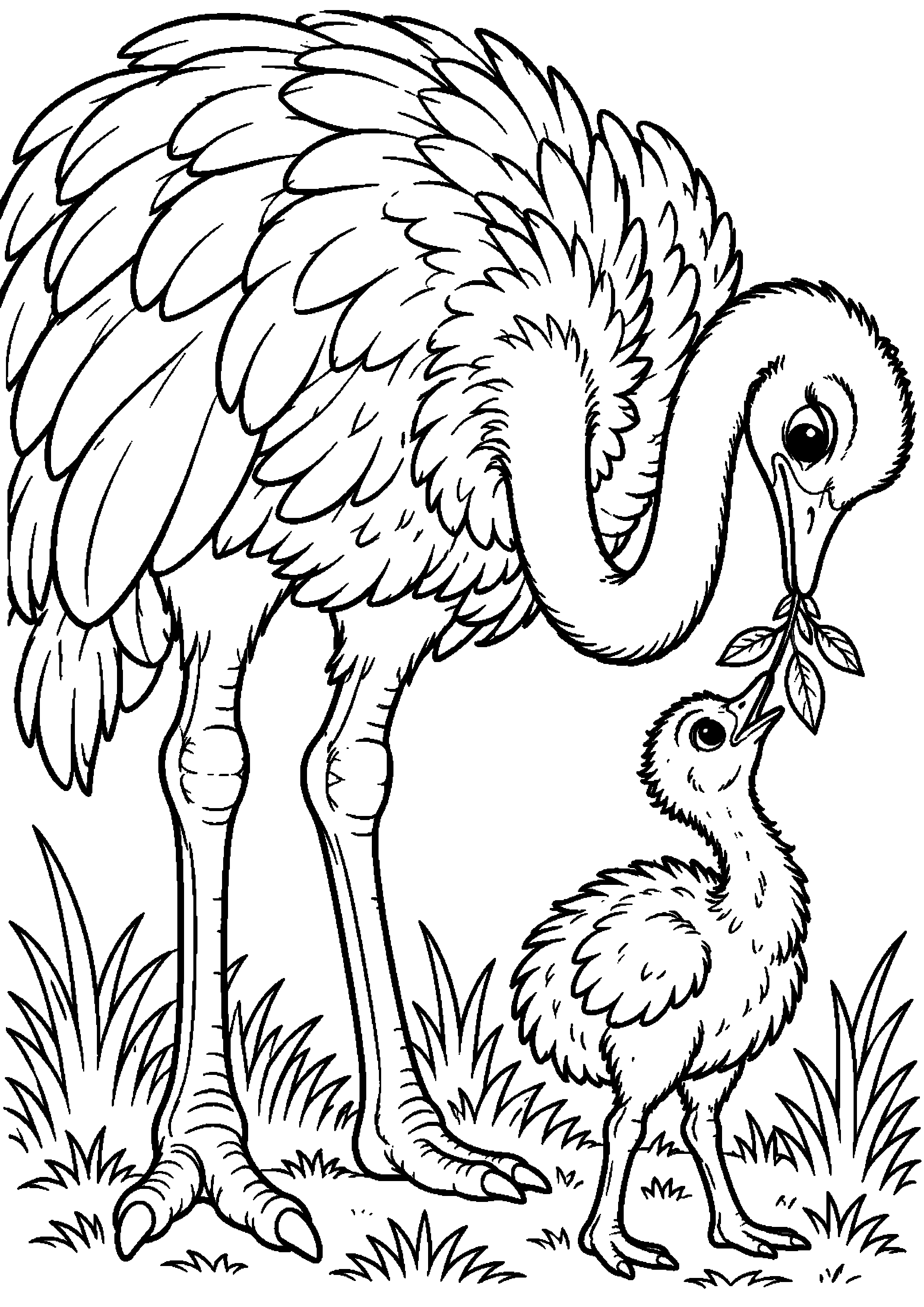 Grand coloriage d’une autruche parent courbé face à son poussin, contours noirs nets sur fond blanc