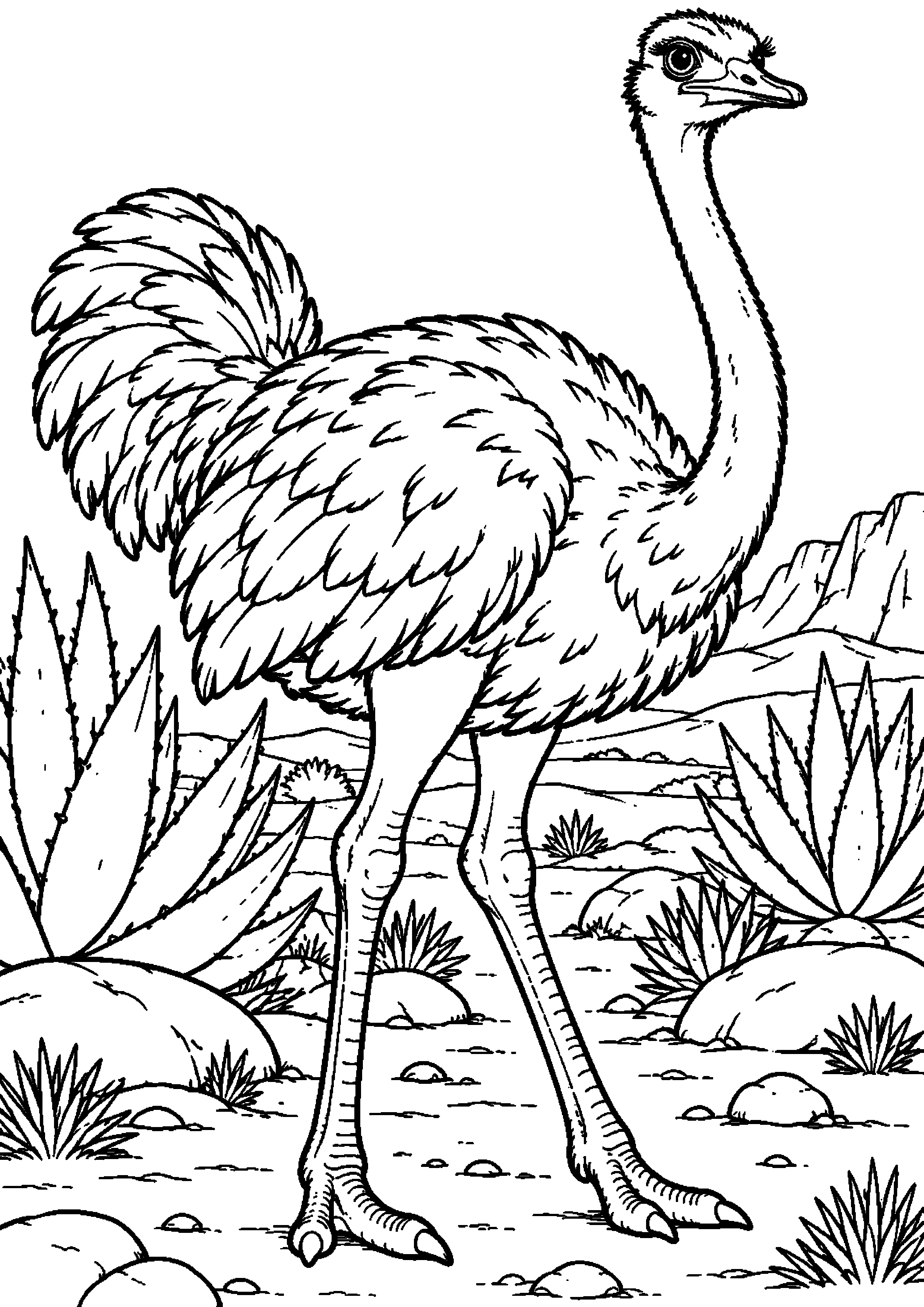 Grand coloriage d’une autruche marchant entre de grandes plantes de la savane, contours noirs nets sur fond blanc