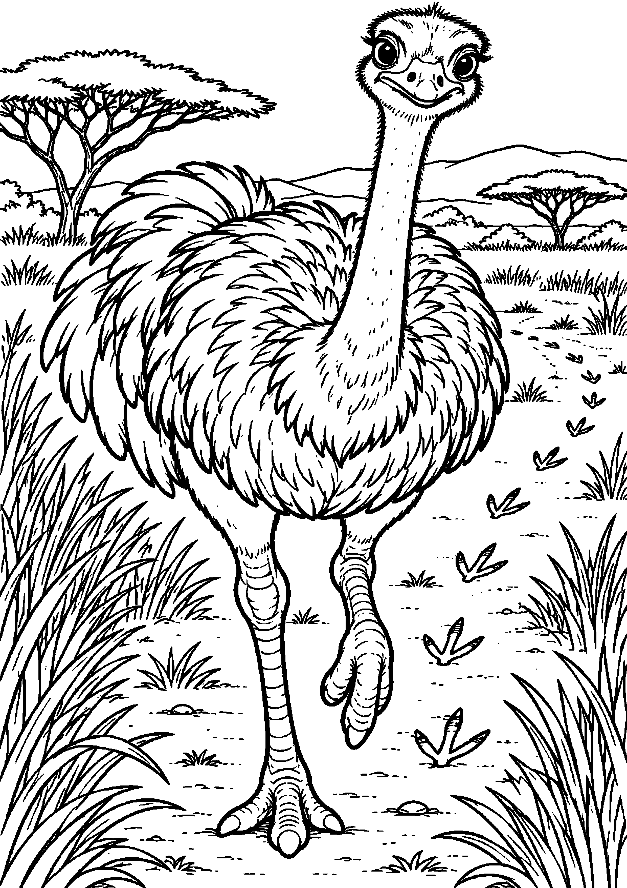 Grand coloriage d’une autruche courant de face sur un sentier de savane, contours noirs nets sur fond blanc