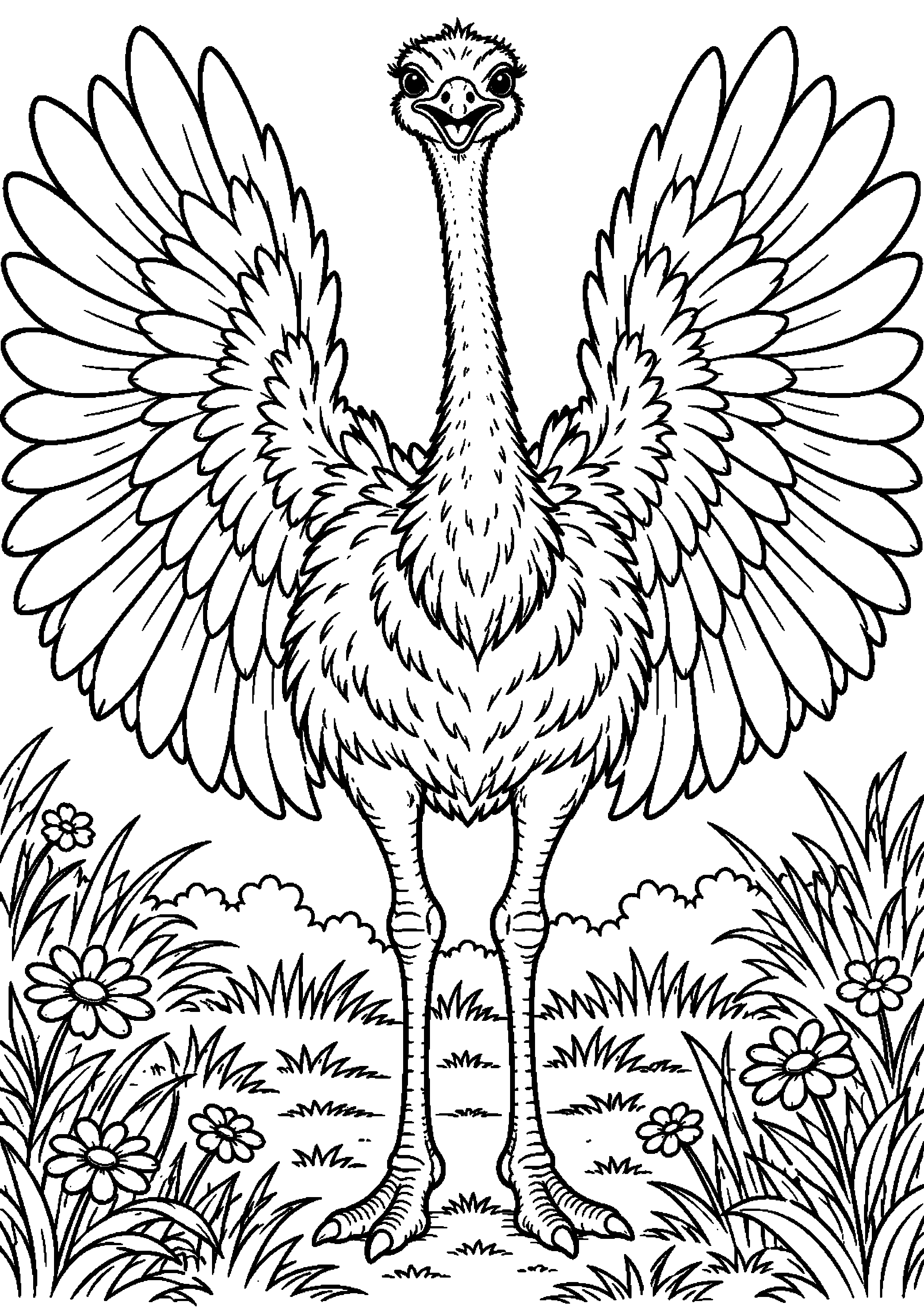Grand coloriage d’une autruche de face avec les deux ailes entièrement déployées, contours noirs nets sur fond blanc