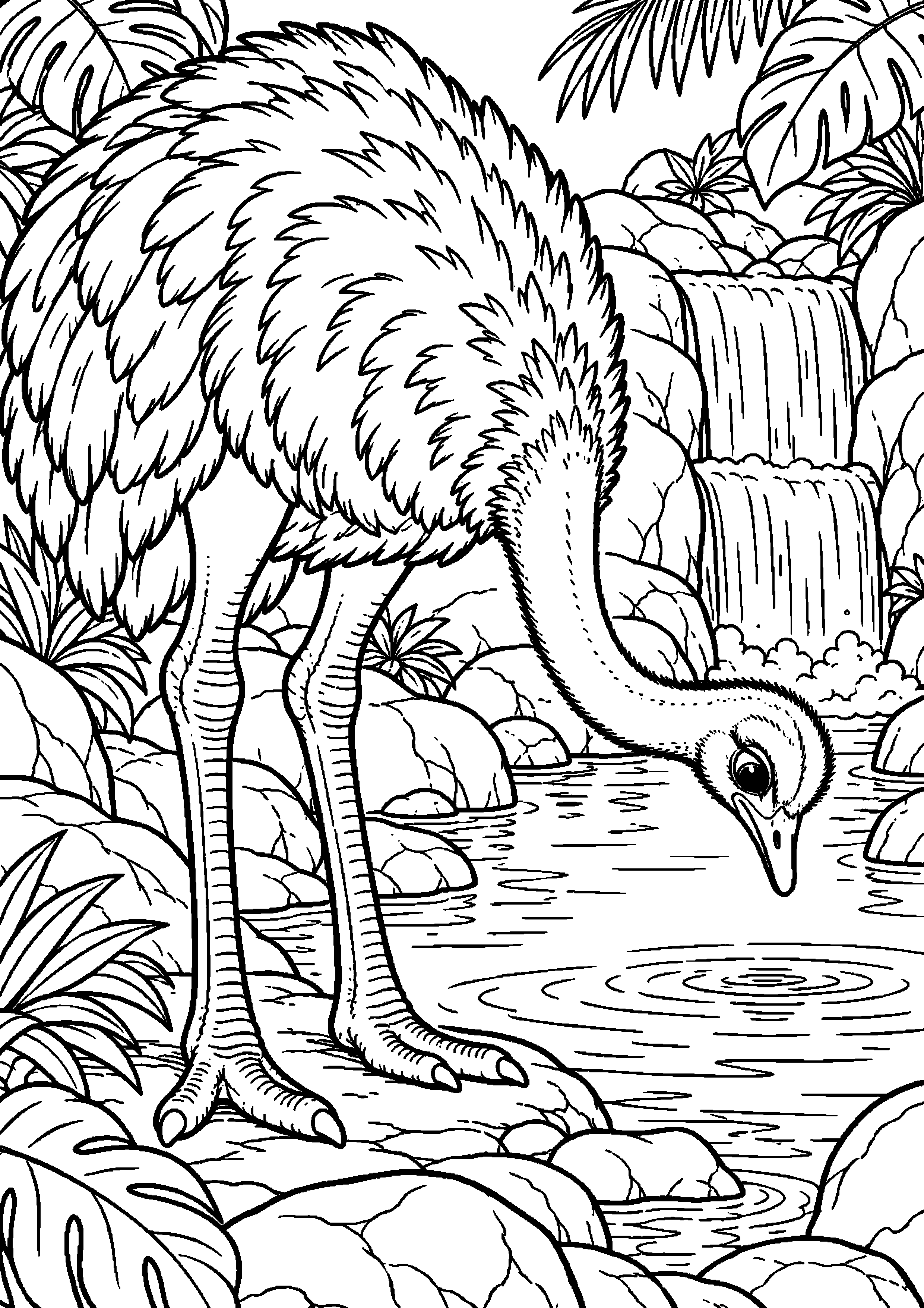Grand coloriage d’une autruche buvant dans un ruisseau bordé de rochers, contours noirs nets sur fond blanc