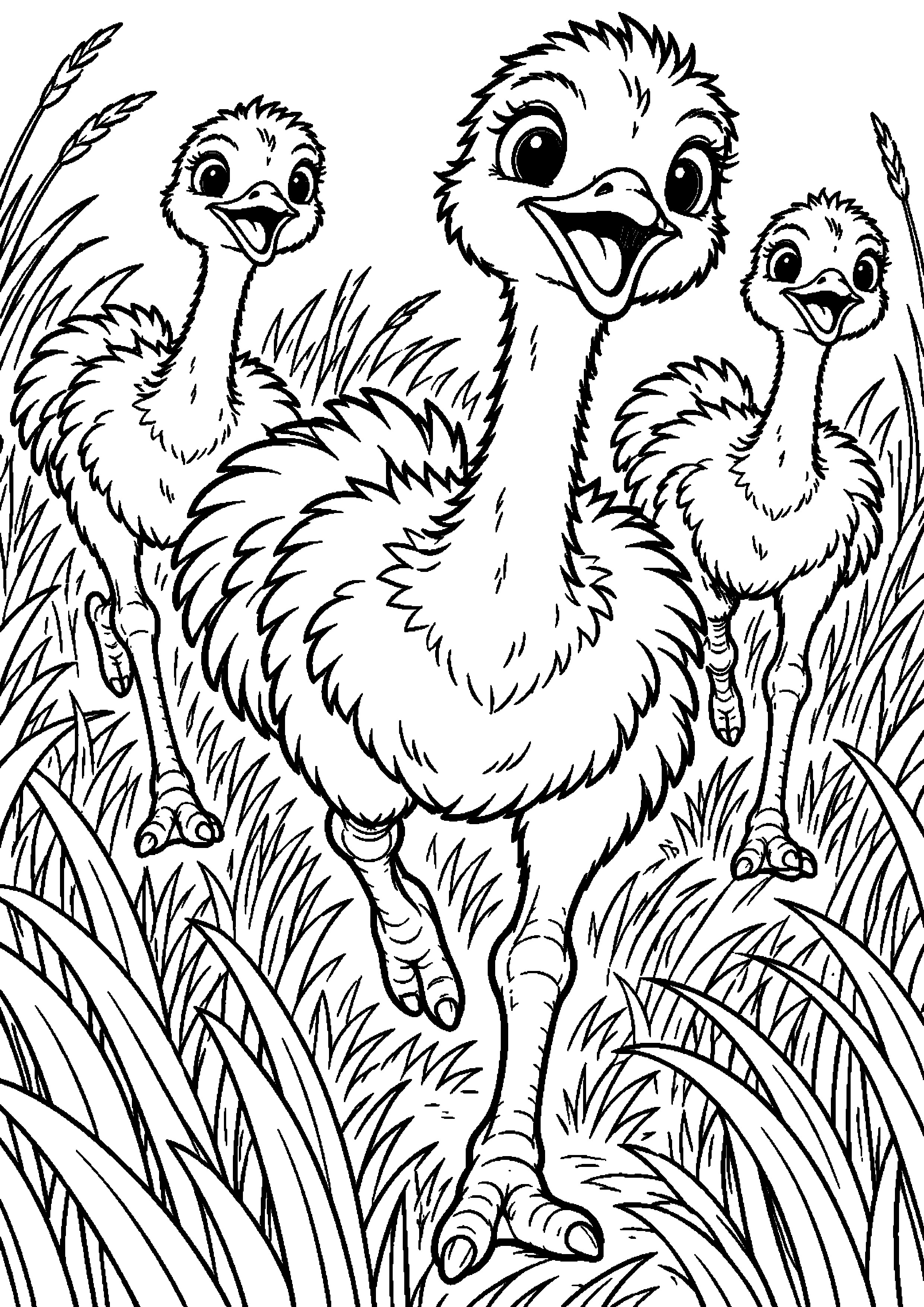 Grand coloriage d’une autruche en famille avec trois jeunes dans les hautes herbes, contours noirs nets sur fond blanc